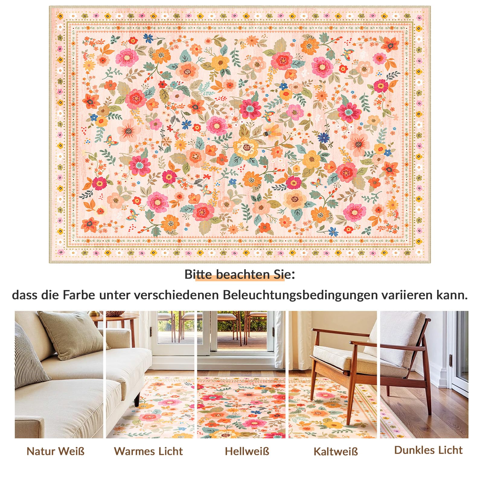 INOVADAY Waschbarer Teppich 120x180 cm Rosa/Beige Wohnzimmer Teppich | Schlafzimmer, Küche, Eingangshalle, Badezimmer, Esszimmer, Kurzflor, Rutschfest, Blumen Print, Boho, Weich, Pflegeleicht