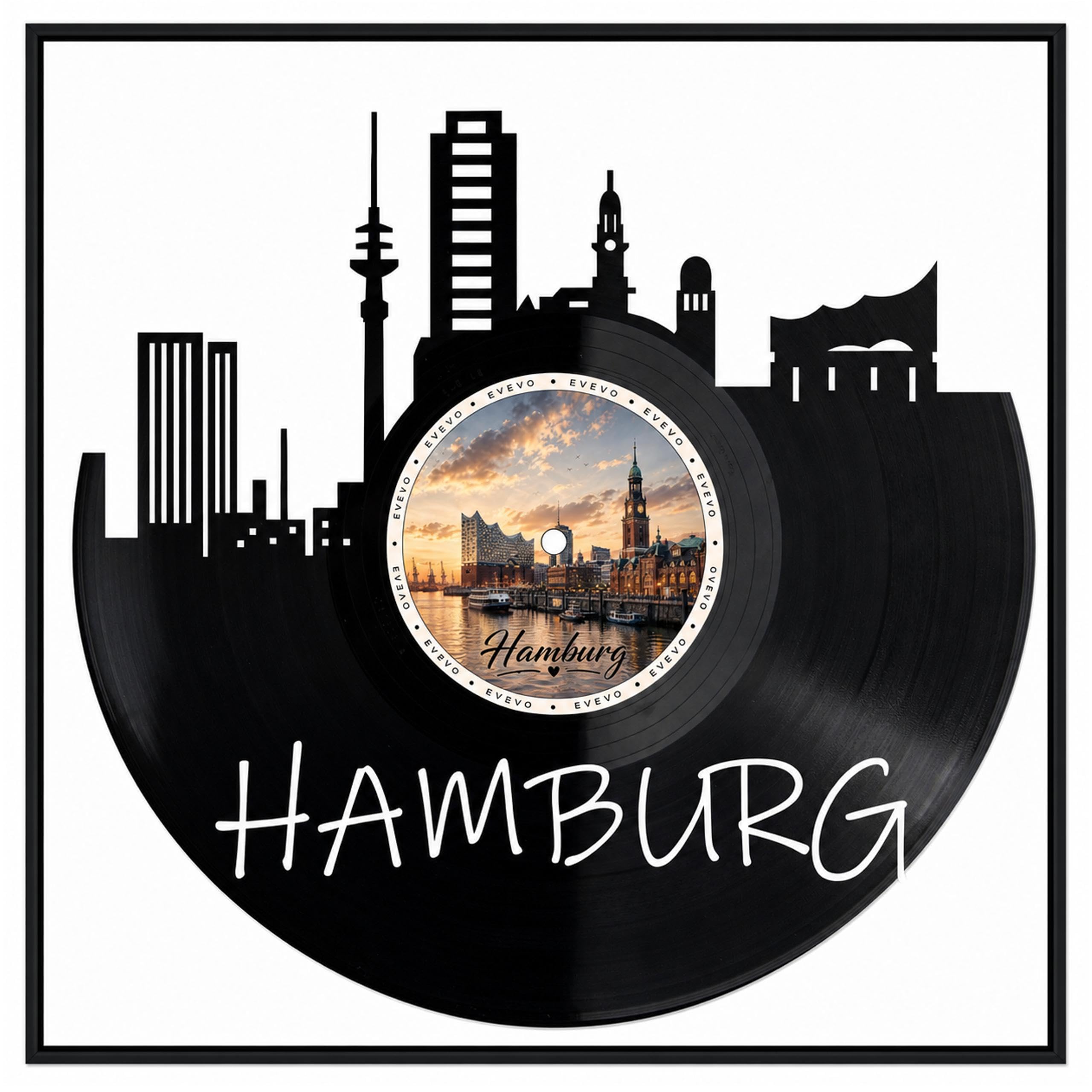 EVEVO Dekoracja ścienna z płyty gramofonowej w ramie 32 x 32 cm Hamburg – winylowa sztuka ścienna Hanzestadt prezent dla fanów Hamburga