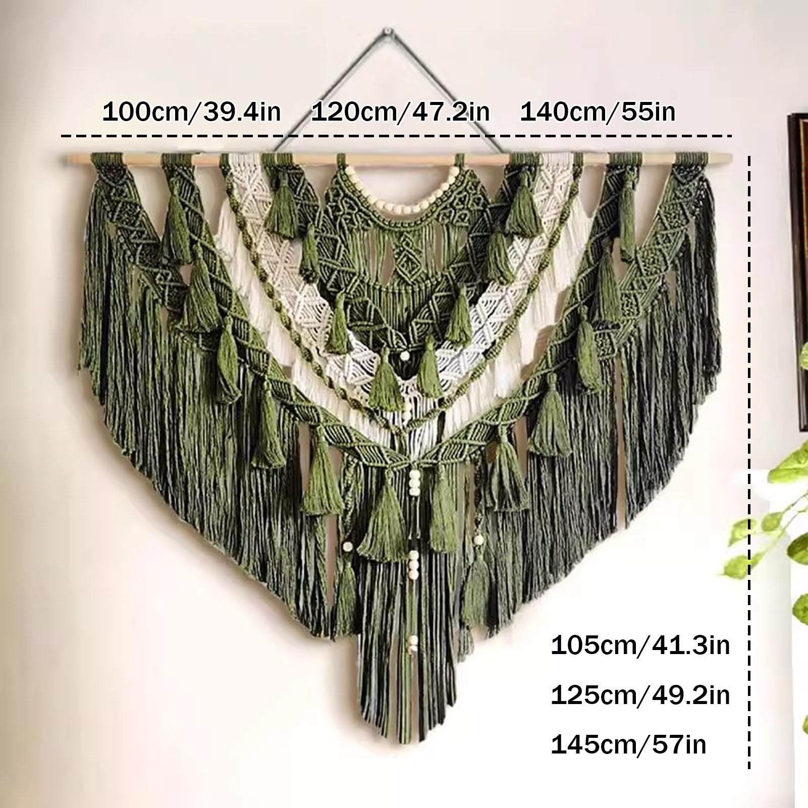 Tapiz de pared de macramé tejido hecho a mano con cuentas, decoración de pared bohemia verde oliva y crema