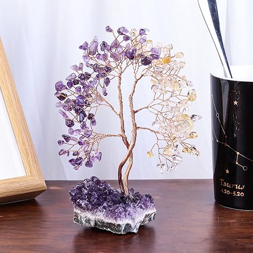 Miniatura 8 de rockcloud Árbol de dinero de cristal con base de amatista, decoración de árbol de la vida entrelazado, adorno de alambre de cobre para mesa de
