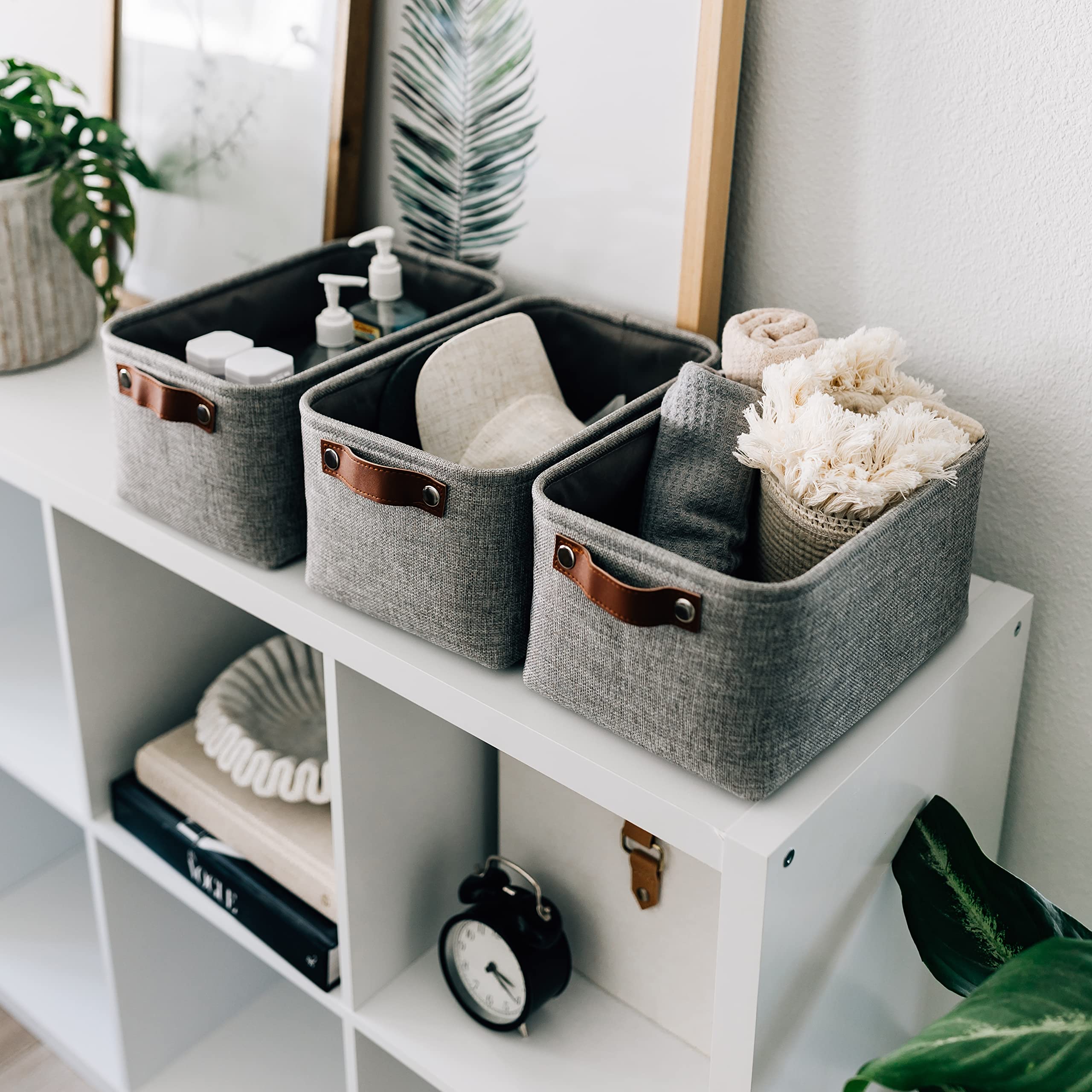 OrganiHaus Medium Fabric Storage Baskets for Shelves 3 Pack | 12x8in Closet Storage Bins for Shelves | Cloth Baskets for Organizing | Linen Closet Organizers | Fabric Basket - Gray Basket