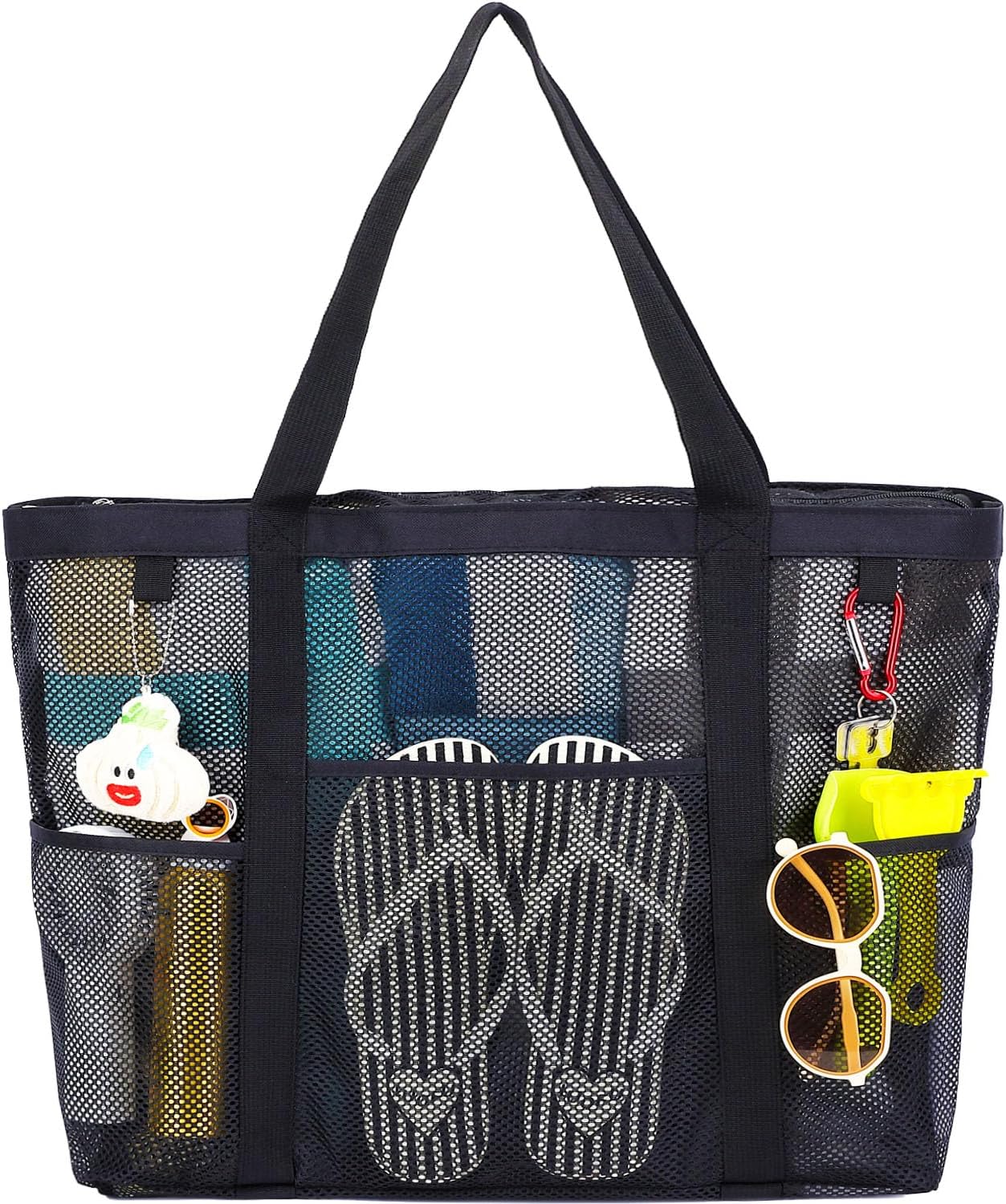 Fammart Large Mesh Beach Tote Bag with Zipper - Waterproof Sandproof Pool Swim Toy Bag for Women, Vacation Cruise Essentials