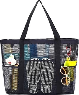 Fammart Large Mesh Beach Tote Bag with Zipper - Waterproof Sandproof Pool Swim Toy Bag for Women, Vacation Cruise Essentials