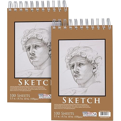U.S. Art Supply 5.5"x8.5" Top Spiral Bound Sketch Book, 2 Pack, 100 Sheets Each, 60lb (100gsm), Acid-Free, Artist Sketchbook, Drawing Pad for Adults & Students