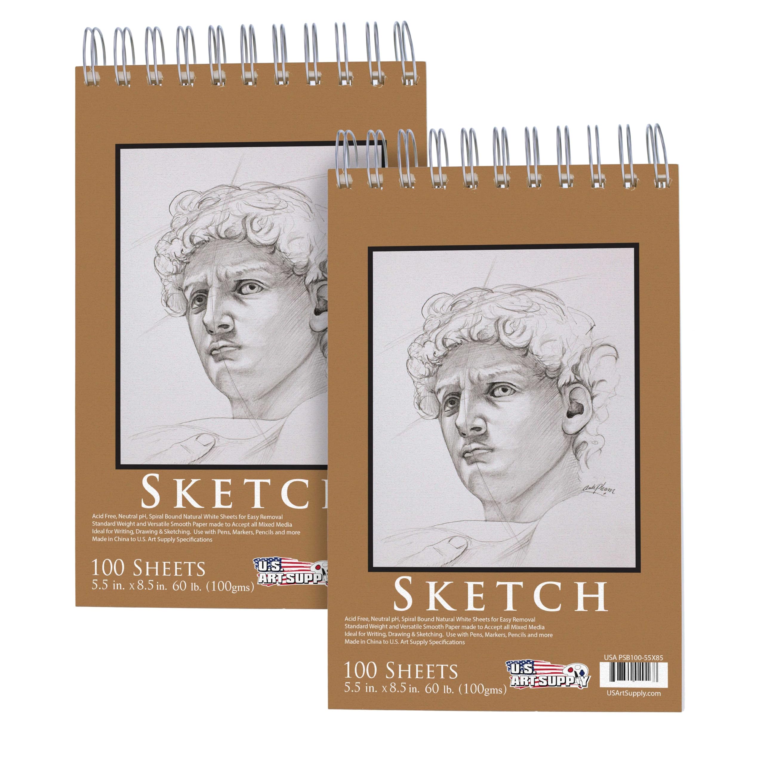 U.S. Art Supply 5.5"x8.5" Top Spiral Bound Sketch Book, 2 Pack, 100 Sheets Each, 60lb (100gsm), Acid-Free, Artist Sketchbook, Drawing Pad for Adults & Students