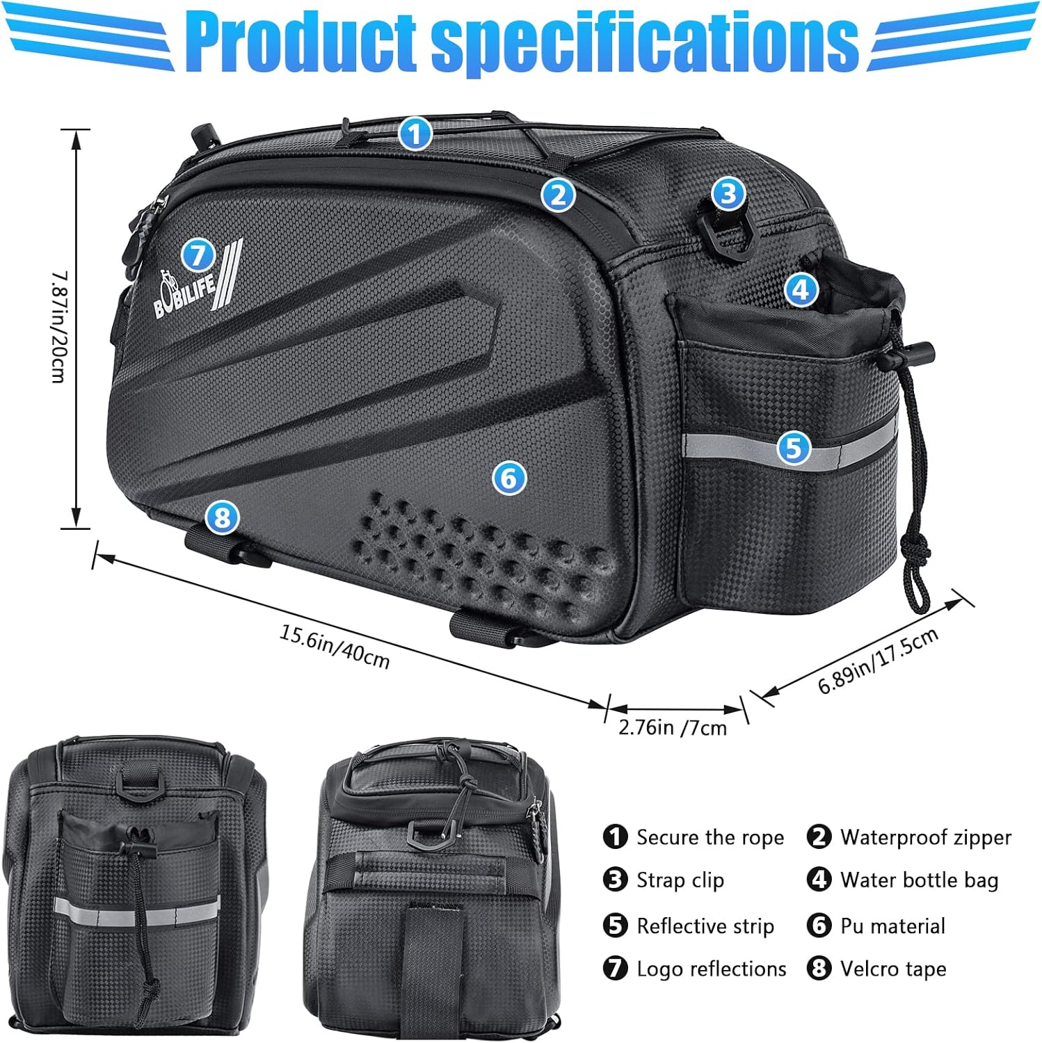 Bike Trunk Rear Rack Bag - Waterproof Bicycle Travel Expedition Rack Cargo Helmet Carrier Bag with Bottle Holder for Bicycle, E-Bike