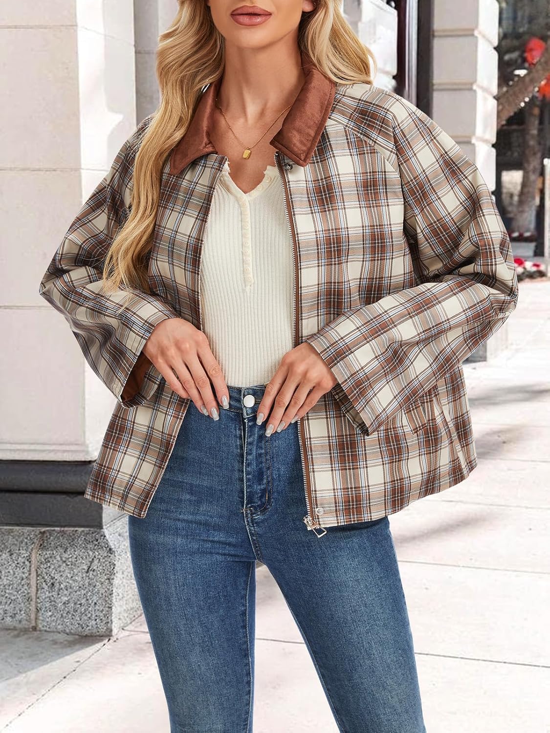 KEOMUD Fall Jackets Casual Plaid Barn Jackets for Women Lightweight Trendy Outwear with Contrast Suede Collar - Image 6