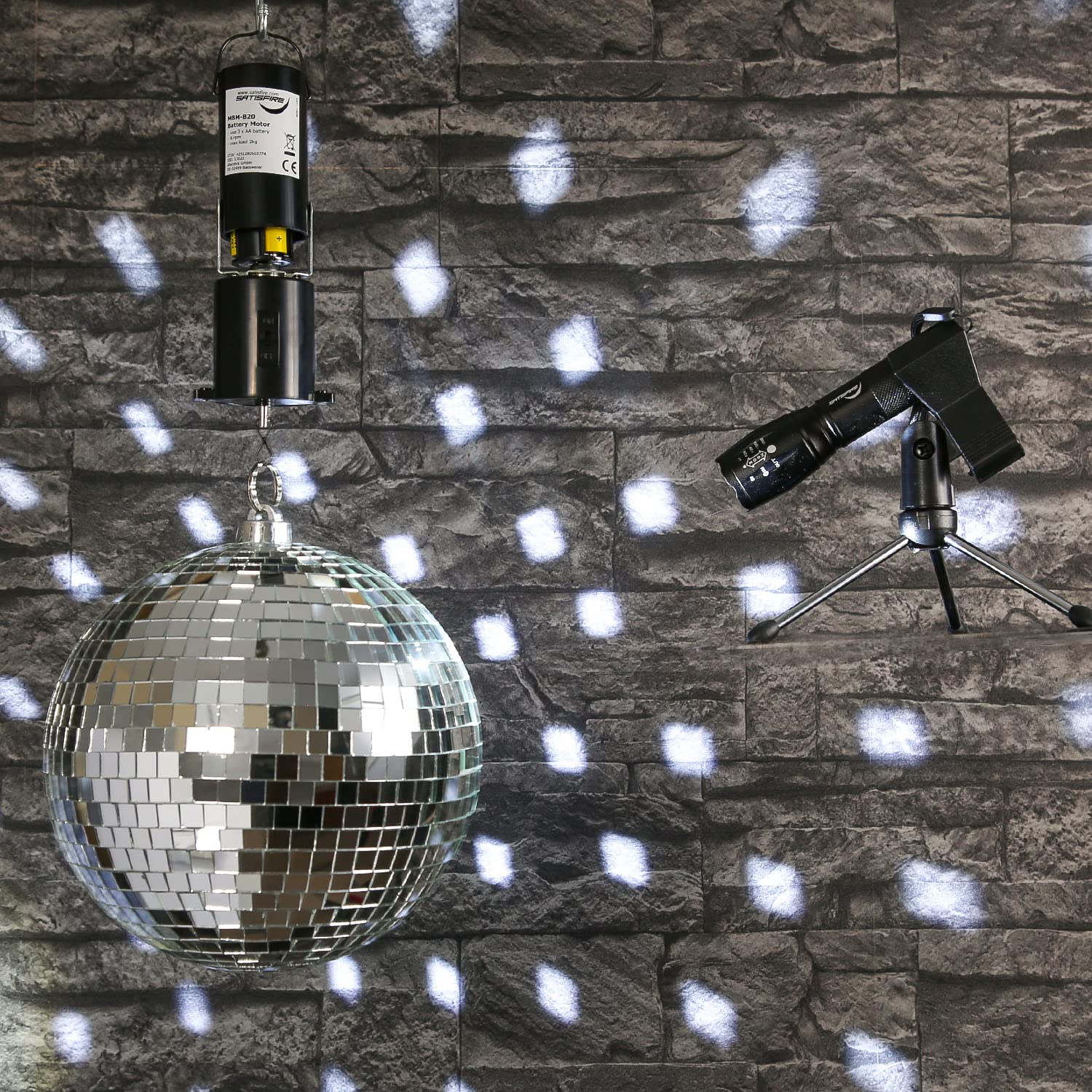 Kit de boule disco mobile de fête - Boule miroir de 20 cm - Moteur à piles - Pinspot - Trépied - Lumière à effet - Kit complet d'éclairage de fête