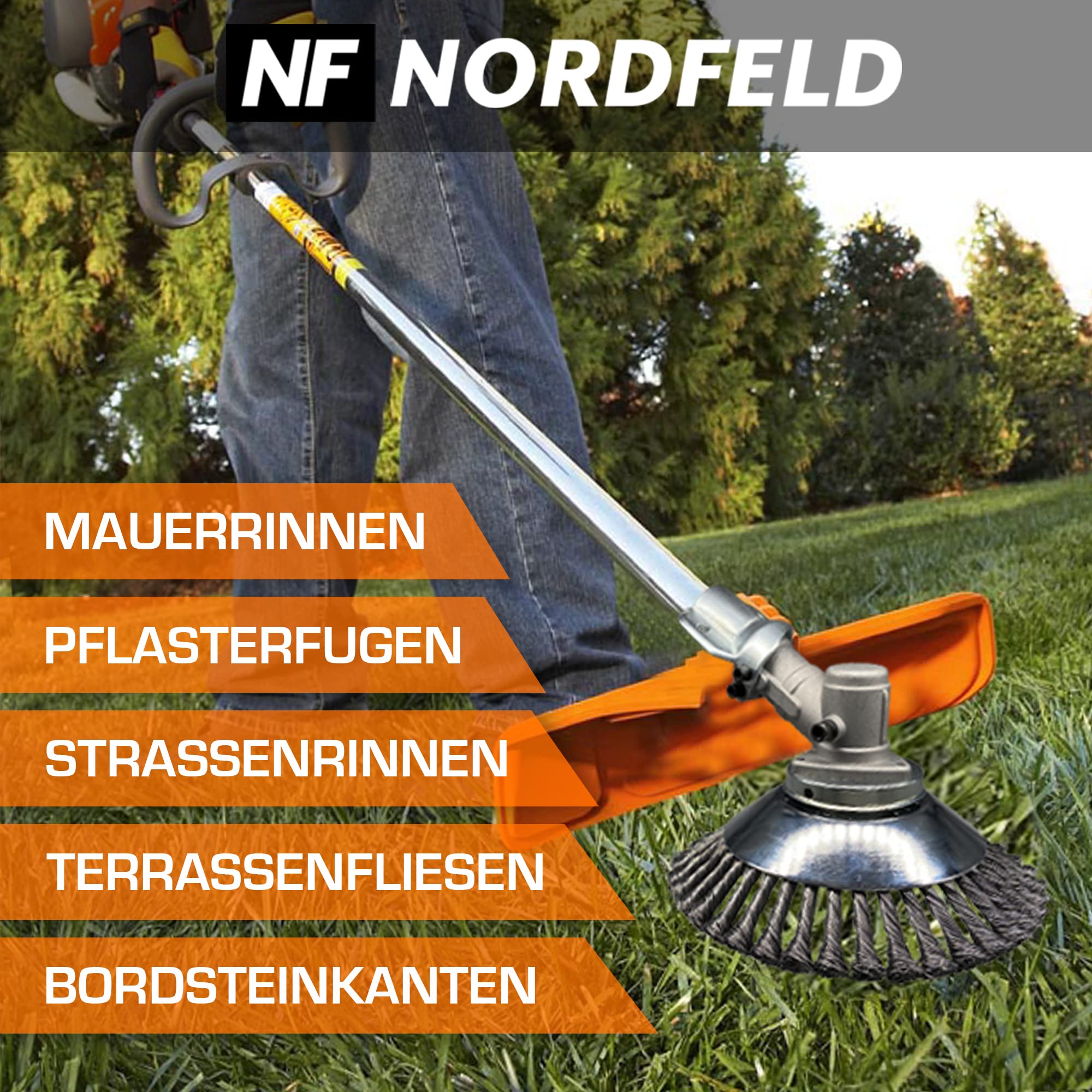 NORDFELD Profi Unkrautbürste für Freischneider mit 25,4mm Bohrung - Hochwertige Wildkrautbürste für Motorsense - Effektive Moosentfernung mit Installationswerkzeug