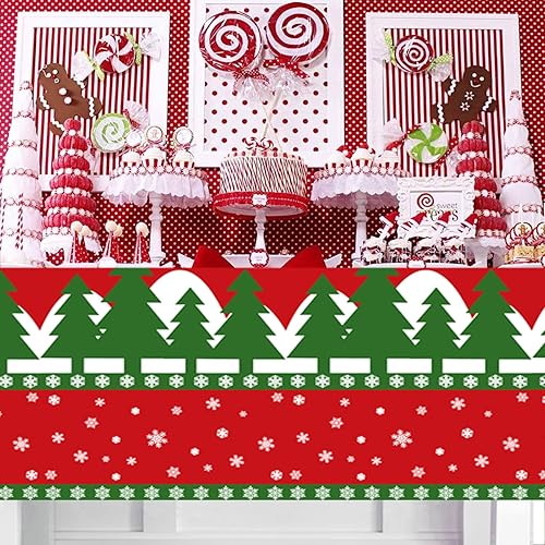 Miniatura 5 de Mantel de Navidad desechable, mantel de plástico para Navidad, color rojo, verde, blanco, mantel de árbol de renos y copos de nieve para decoración