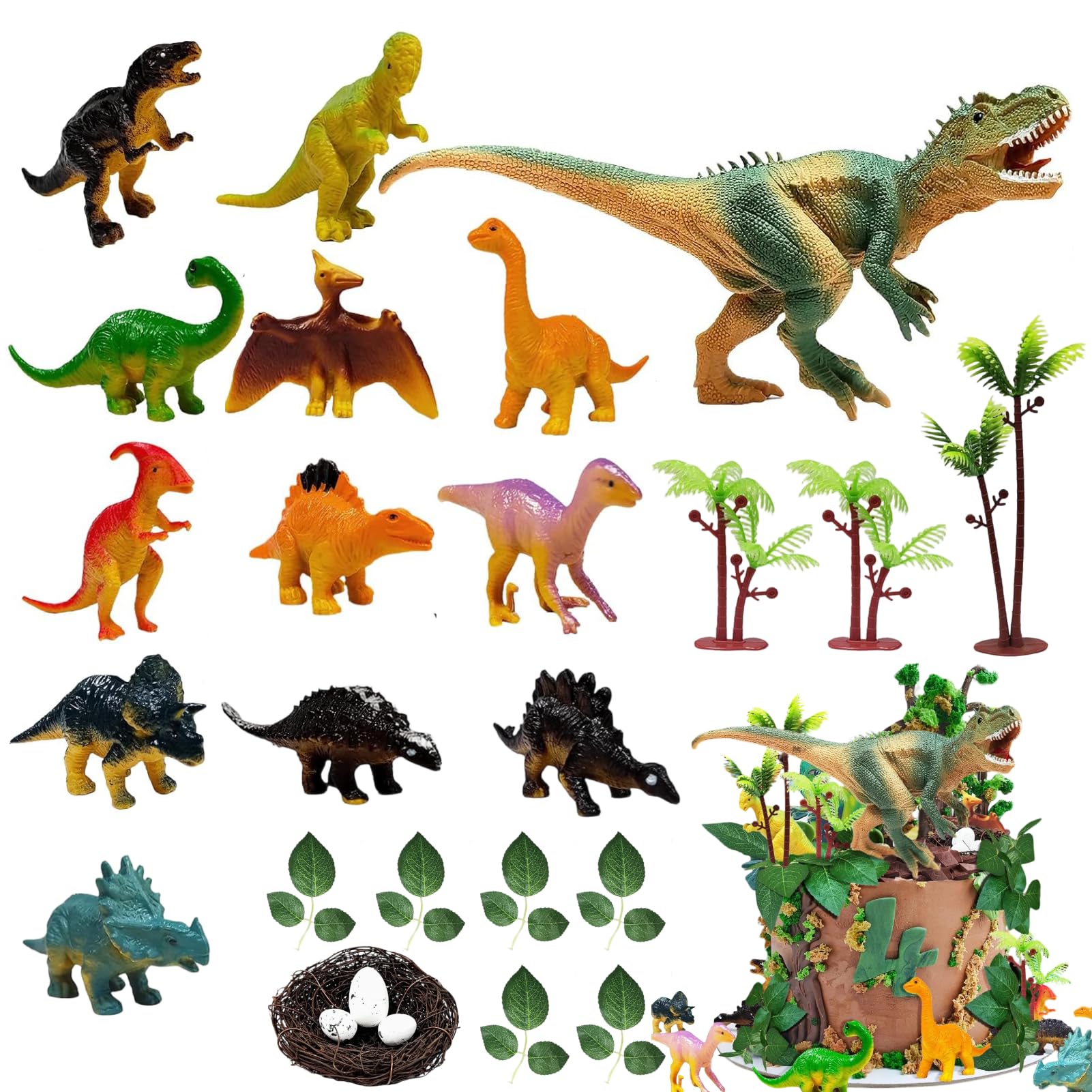 26-Piece Dinosaur Cake Toppers Set - with Dinosaur Eggs, Leaves, Trees & Nest Decorations for Birthday Party, Wild Animals Theme