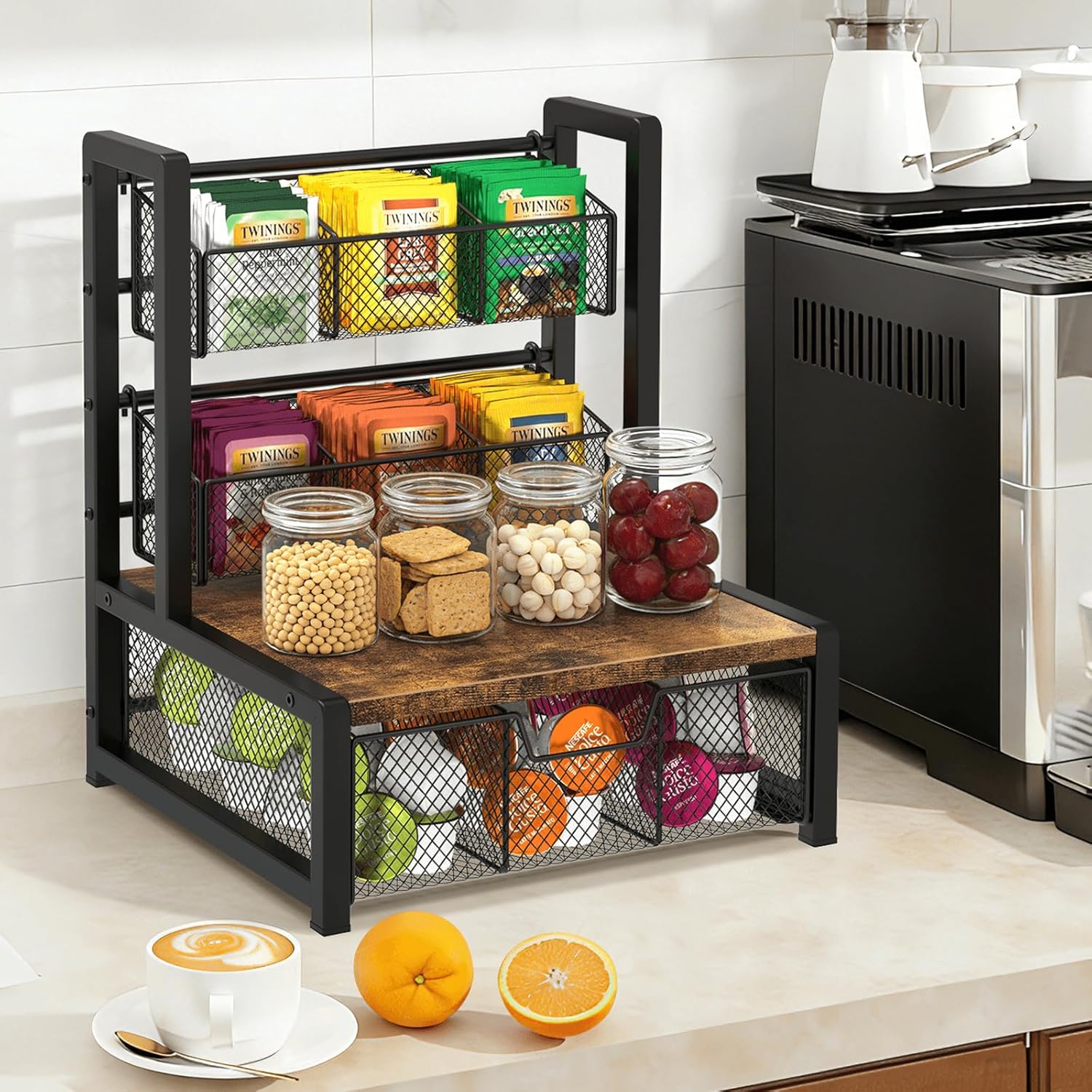 Homode Tea Bag Organizer, 3 Tier Tea Storage Container Box, Wood Tea Station Caddy, Teabag Holder Stand with Drawer Basket, Large Tea Chest Display Rack for Countertop Cabinet Office, Rustic Brown