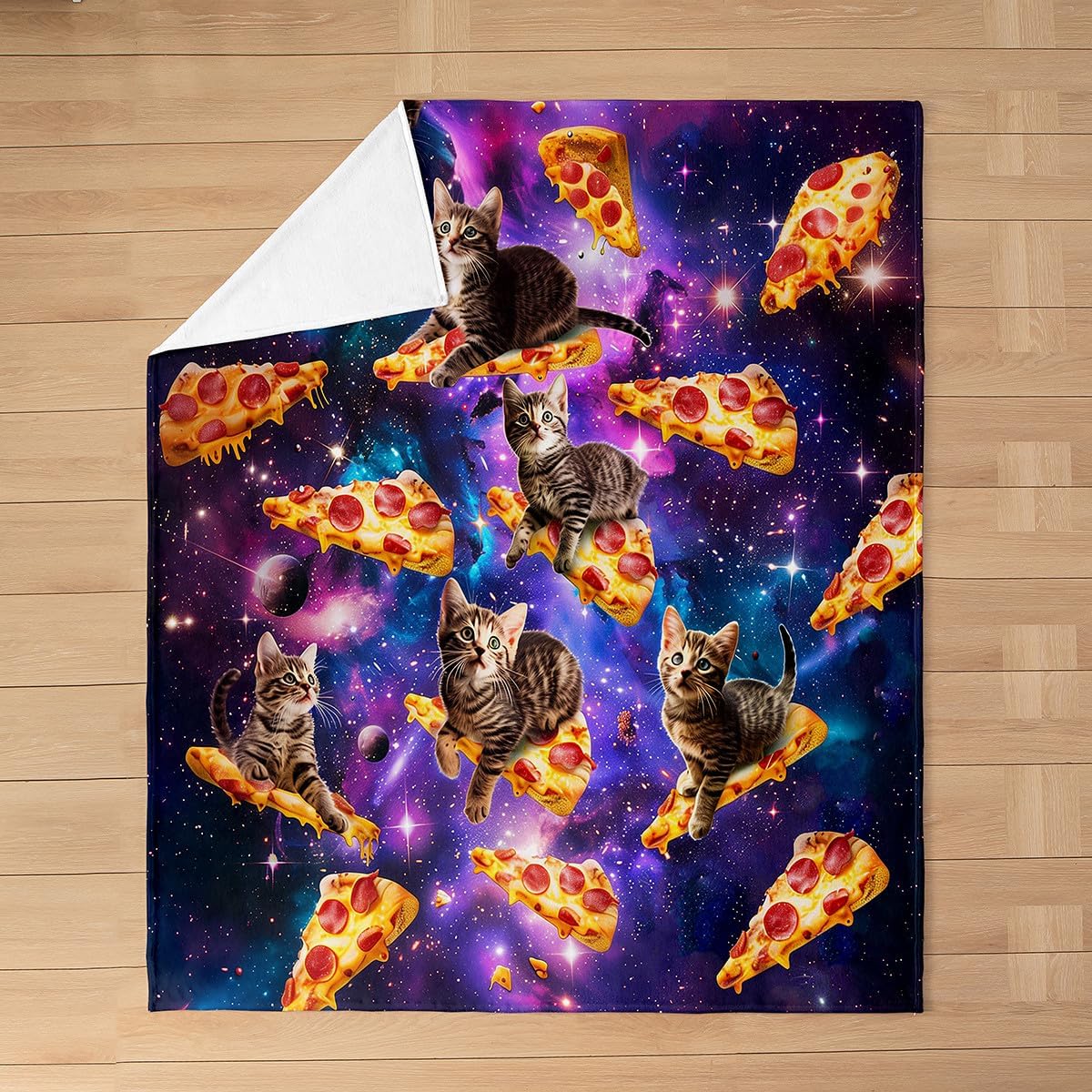 Feelyou Pizza Flannel Fleece Throw Blanket,Cat 3D Printed Space All Season Bed Blanket Fuzzy Blanket for Bed Sofa Couch,Cats Print Galaxy Outer Space Purple Bedroom Decor Plush Blanket Twin 60"x80"