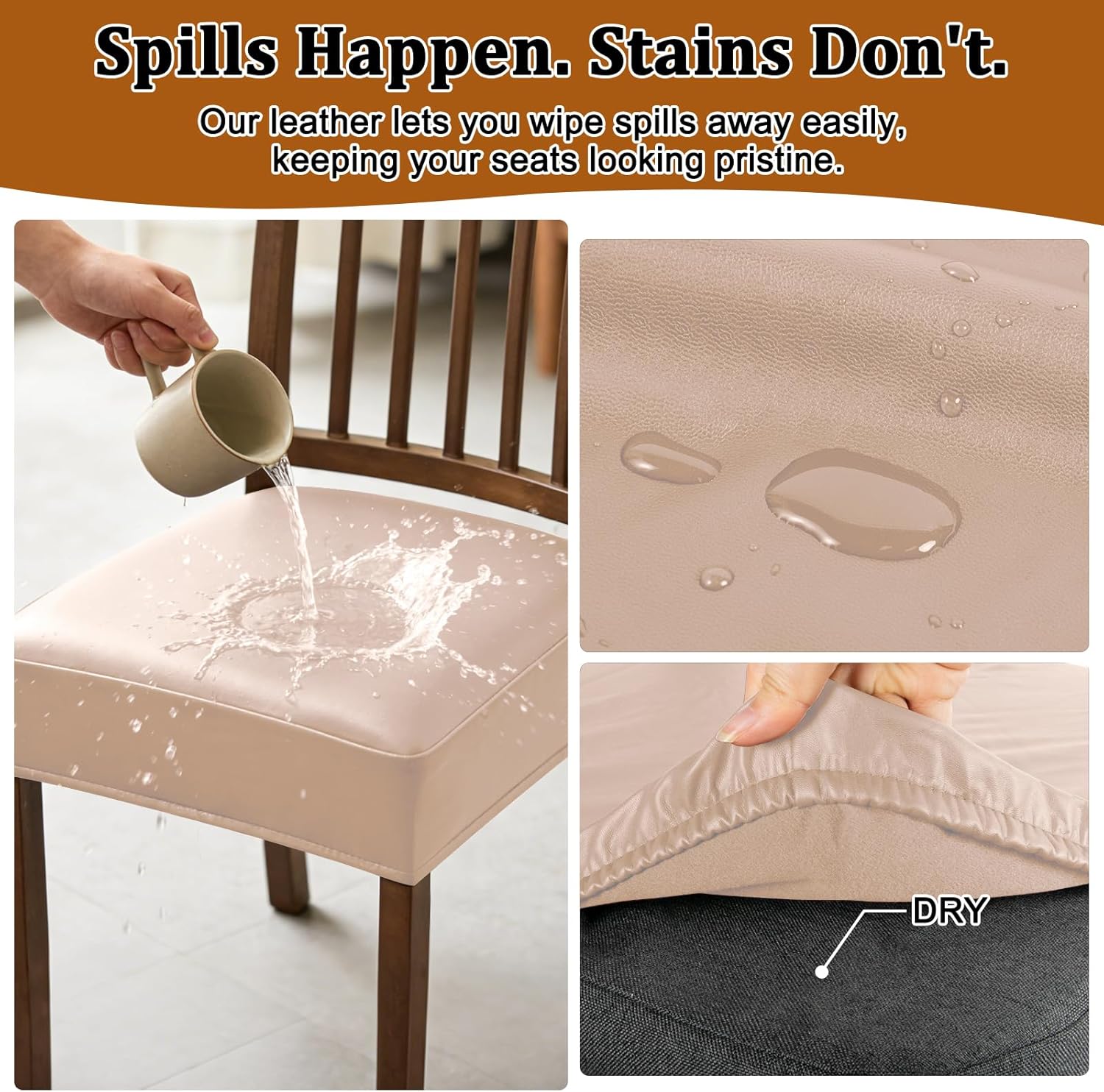 Dioxide Chair Covers Waterproof Pu Leather Seat Covers for Dining Room Chairs Set of 6,Soft Chairs Seat Slipcovers with Anti-Slip Elastic Band Protector Cover Stretch Kitchen Seat Covers(Light Camel)