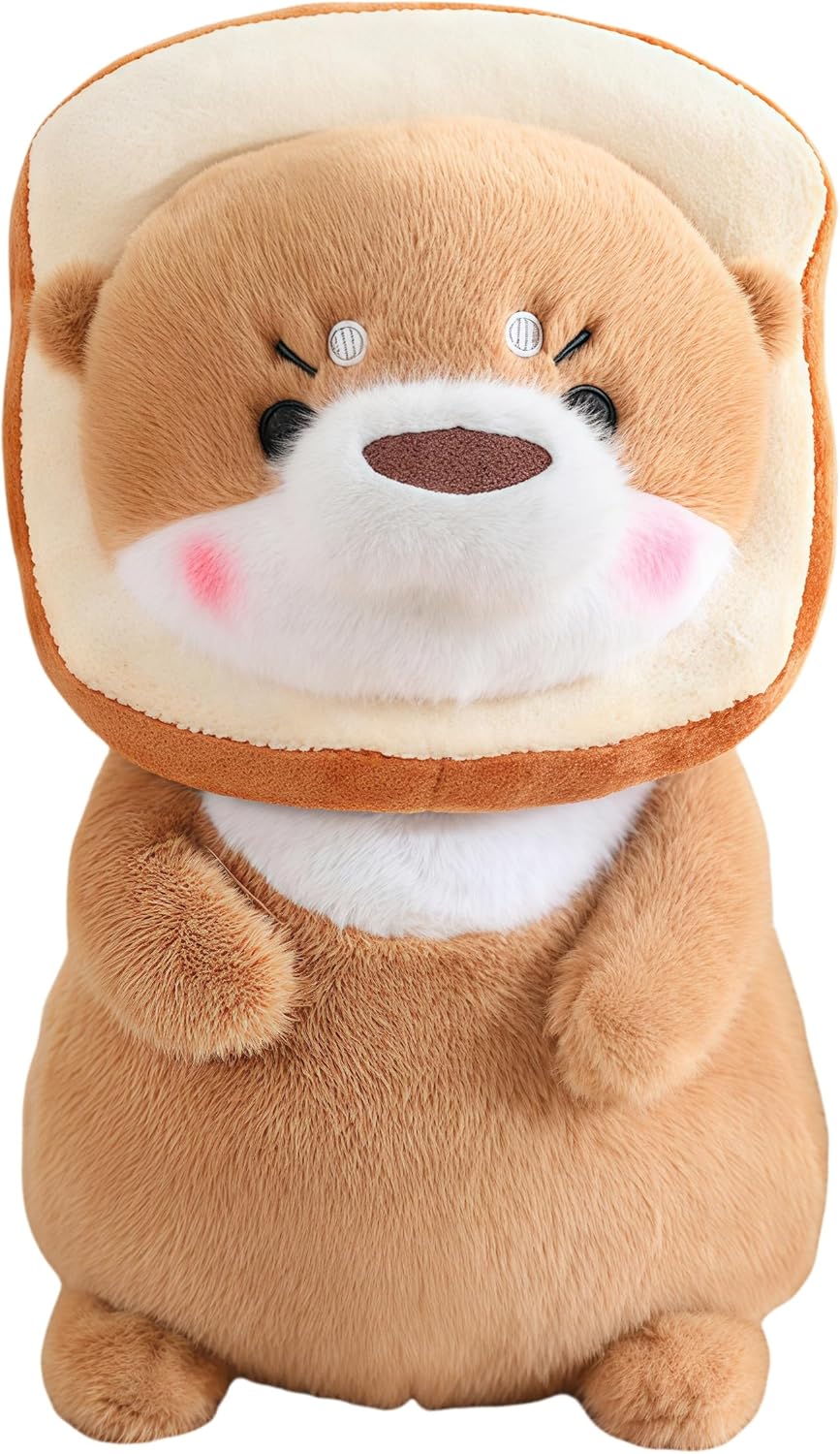 Lifelike Detail Huggable Otter Plush Doll with Wearable Toast Bread Headgear Stuffed Animal Bread Otters Plushies Toys Gifts for Kids Light Brown 12 inches