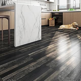 FunStick 6"x36" 17Pcs Peel and Stick Floor Tile Black Reclaimed Wood Vinyl Plank Flooring Peel and Stick Wood Flooring Tiles for Bathroom Waterproof Vinyl Flooring Planks for Kitchen Laminate Flooring