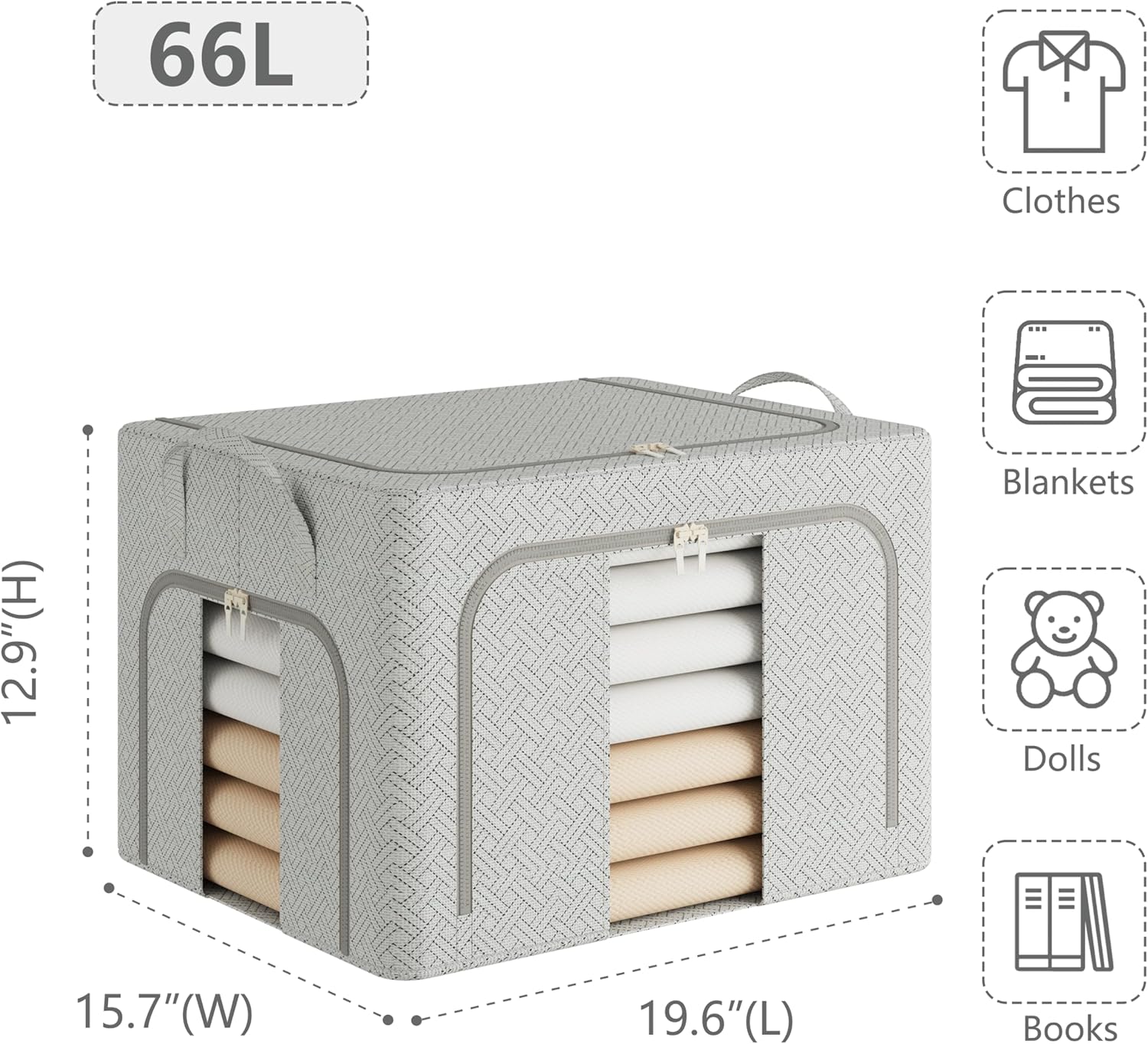 pinkpum 3 pack clothes storage bins with metal frame, closet organizers and storage boxes, stackable & foldable clothes organizer bags with large clear window & long carry handles, grey pattern 66l 66l grey03