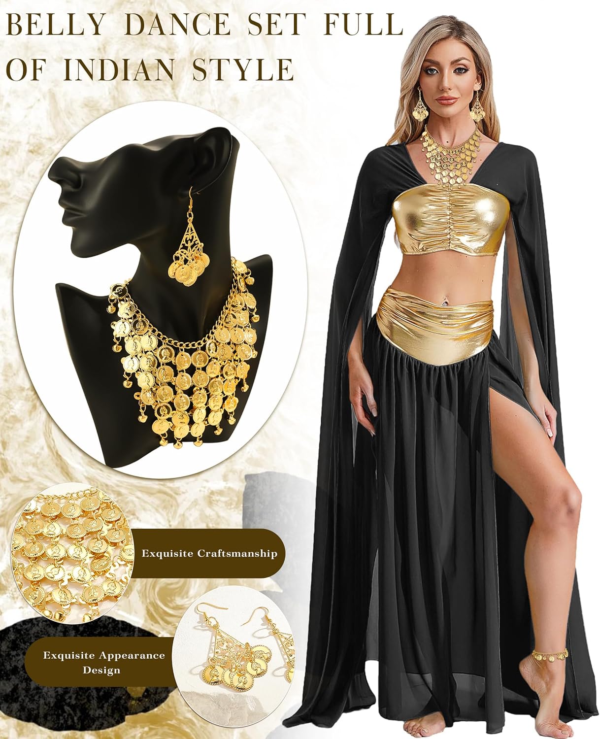 Belly Dance Jewelry Set for Women Sequins Head Chain Coins Necklace Bracelet Tassel Anklet Chain Hand Ring Drop Earrings Gypsy Jewelry Accessories - Image 4