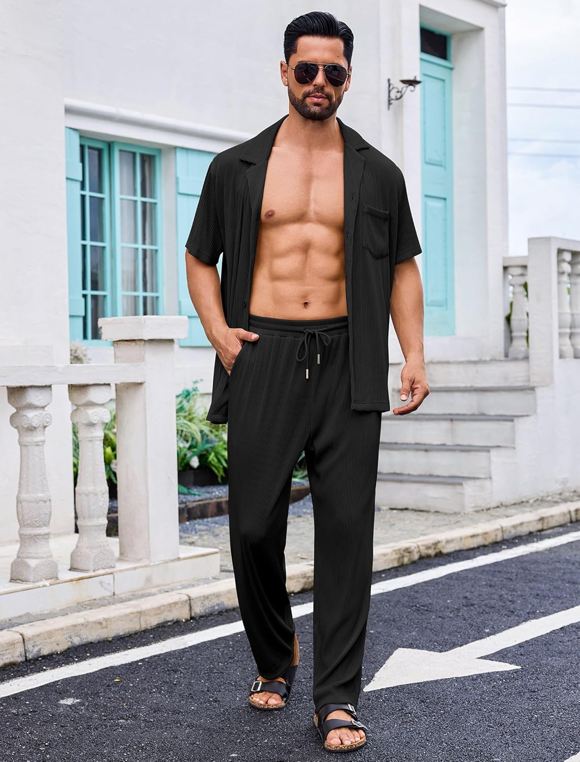 OLEMEK Men's Summer Beach Short Sleeve Ribbed Button Down Cuban Shirt and Pants 2 Pieces Set Loungewear Sleepwear - Image 5