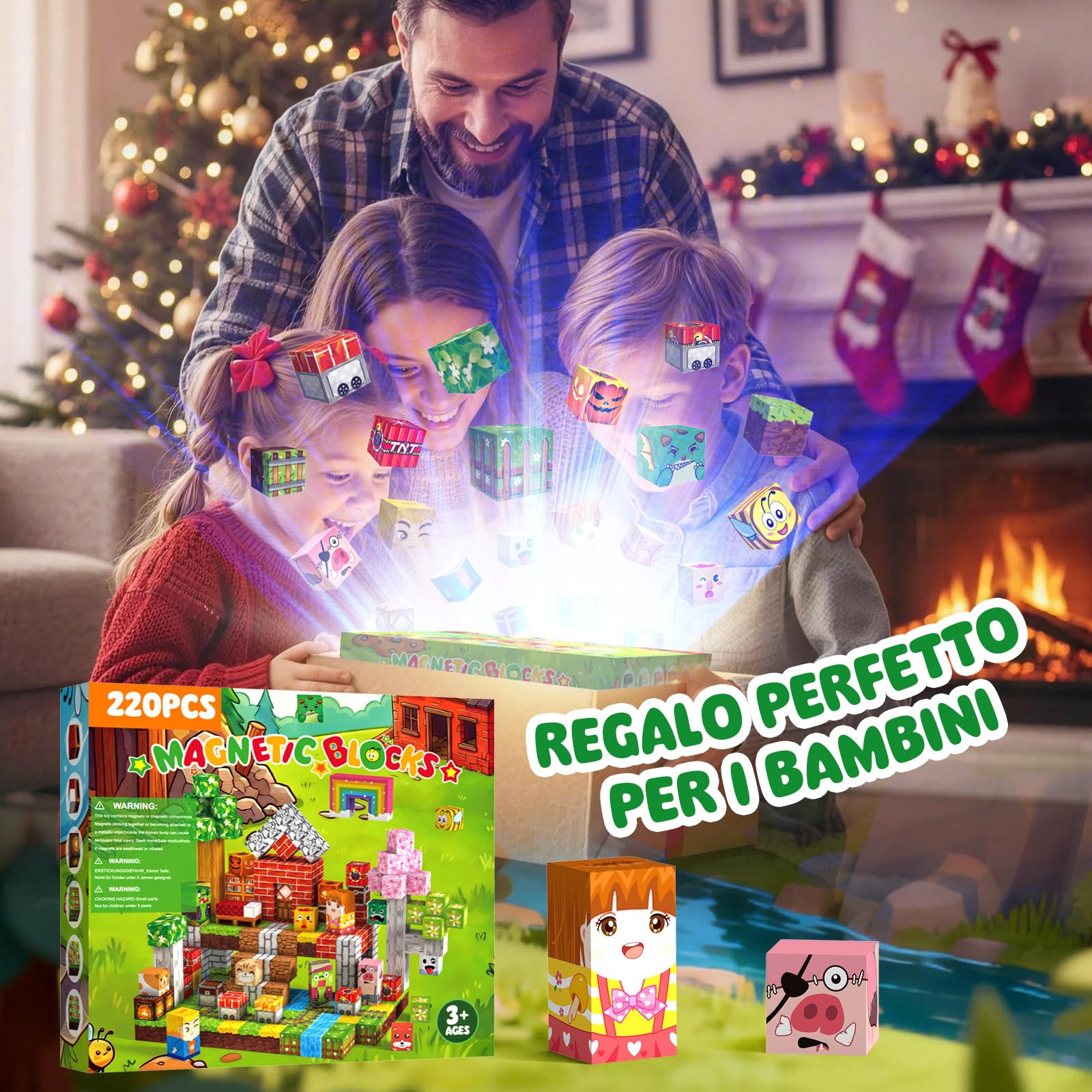 Costruzioni Magnetiche per Bambini 220 PCS 2CM 3+. Giochi cubi magnetici Montessori, blocchi magnetic building blocks, giocattoli per bambini da 3 a 12 anni, regali di compleanno ideali per ragazzi