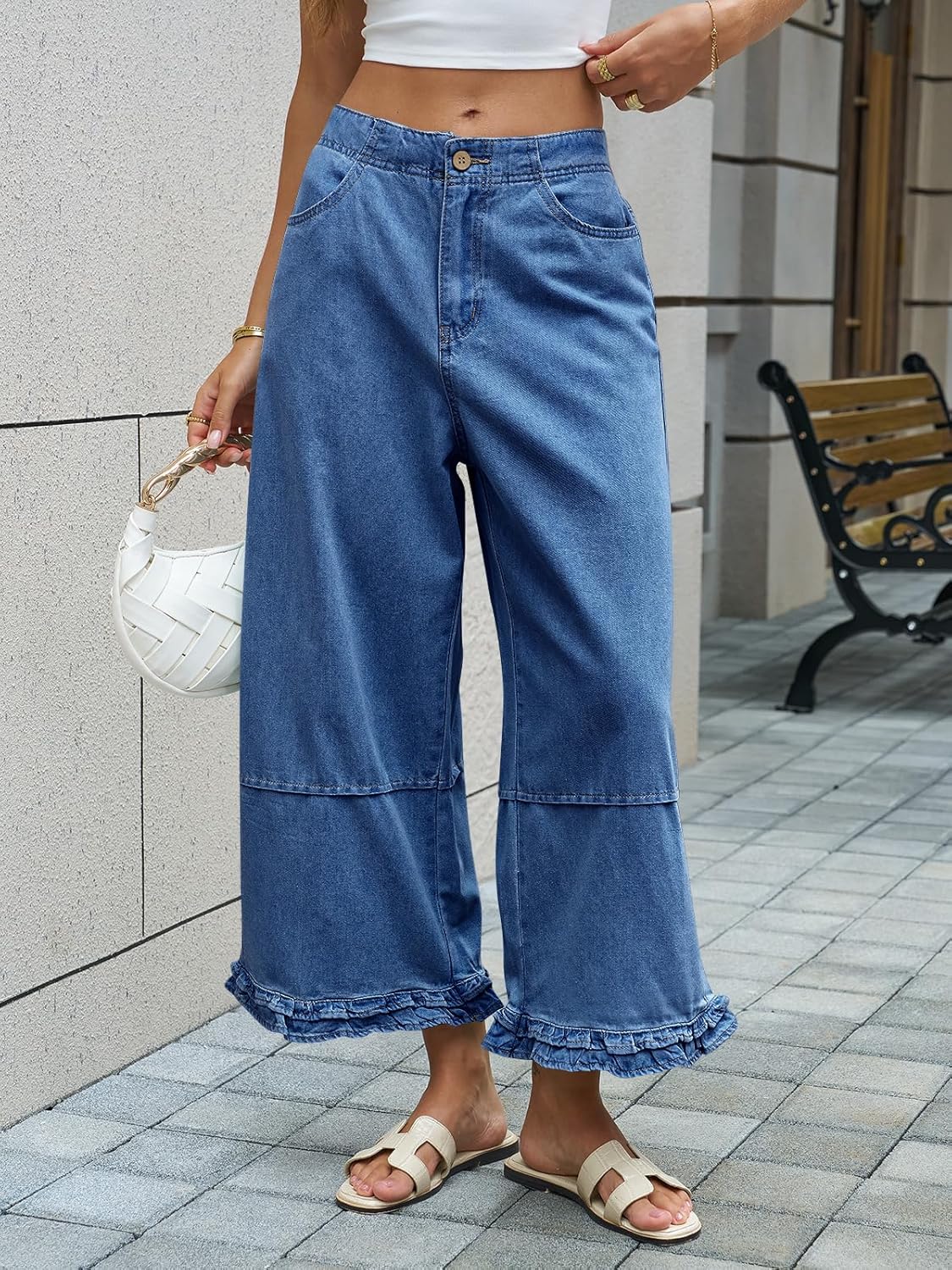 Cicy Bell Womens Ruffle Wide Leg Jeans Cropped Elastic High Waisted Baggy Denim Pants with Pockets - Image 5