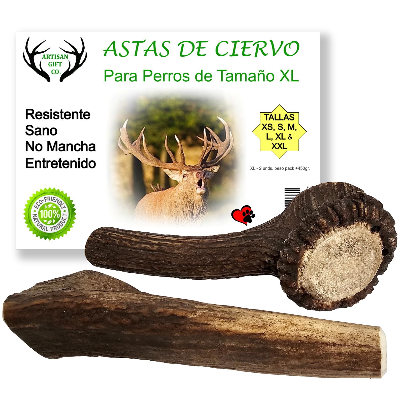 ARTISAN GIFT CO Asta de Ciervo para Perros, Mordedores 100% Naturales - Peso Total 450 gr.+ (XL Pack 2 unds.)