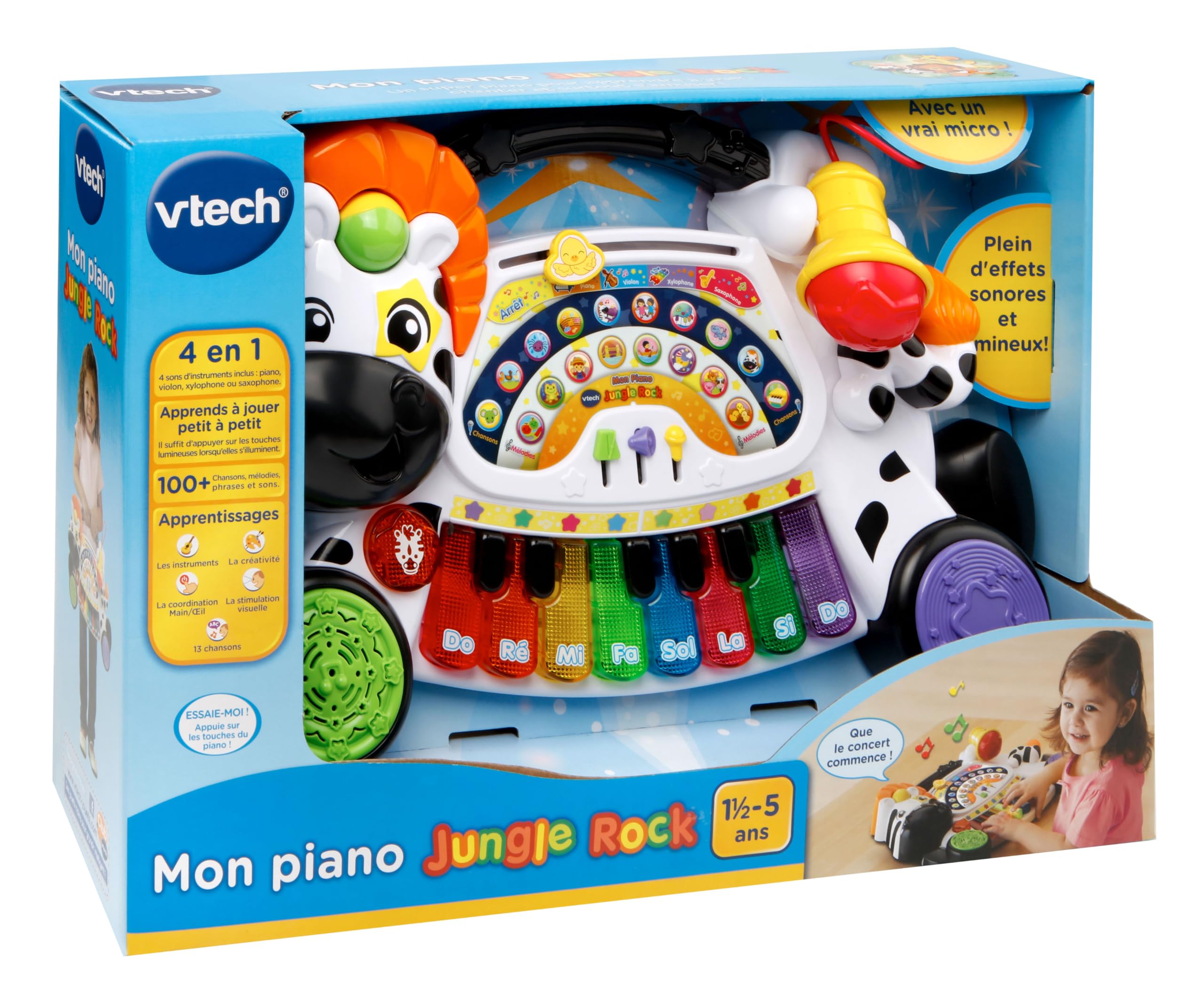 VTech - Mon Piano Jungle Rock, Instrument de Musique Bébé, Piano Interactif 4 en 1 avec Micro Enfant, Jeu d'Éveil Musical, Jouet Lumineux Zèbre, Cadeau Enfant Dès 18 Mois - Contenu en Français