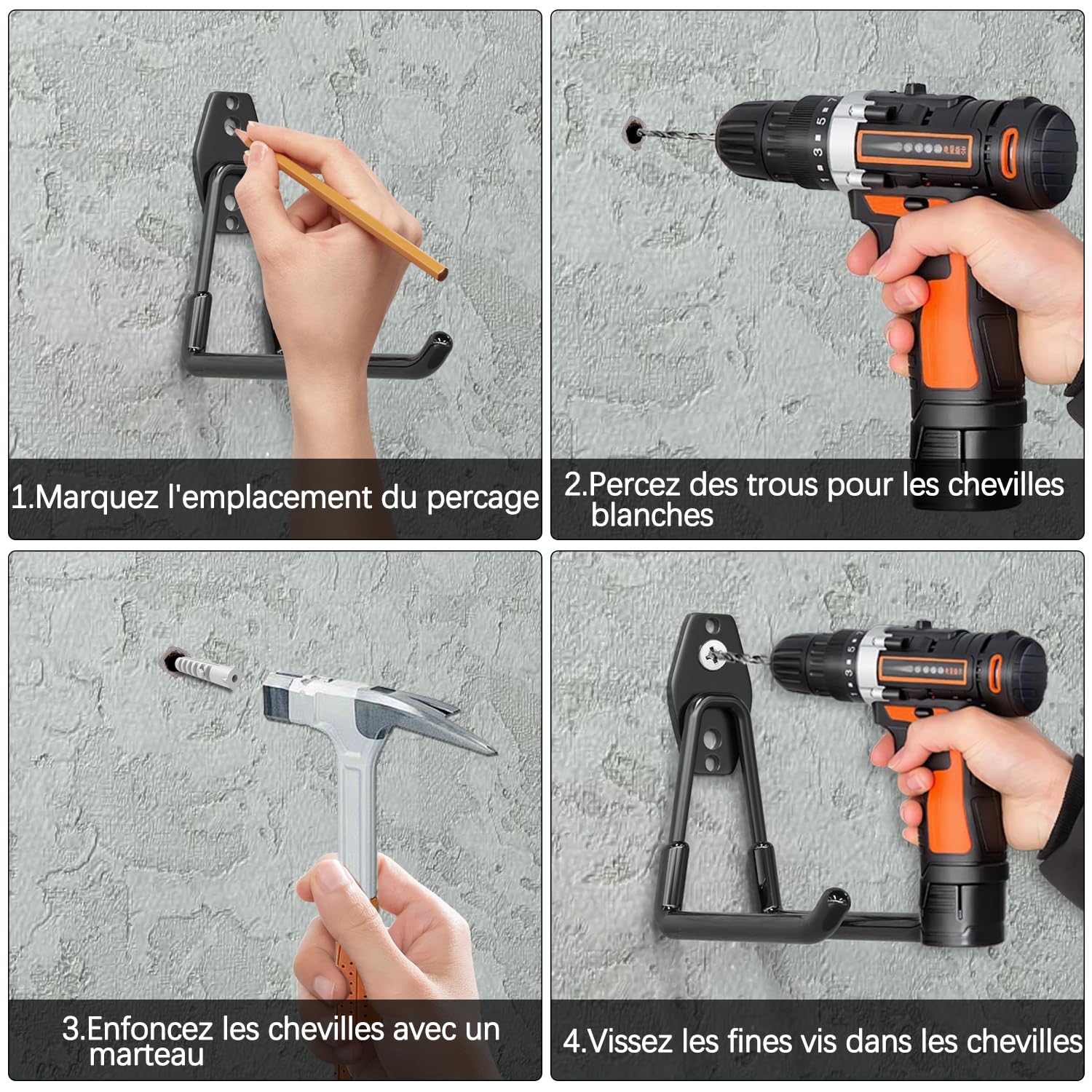 3-H Crochet Mural Garage 14pcs, Porte Outils Mural pour Rangement Atelier Jardin, Crochet Muraux en Acier Robuste avec 3 Points de Soudure pour Êchelle,Vélo,Tuyaux,Outil électrique,Noir