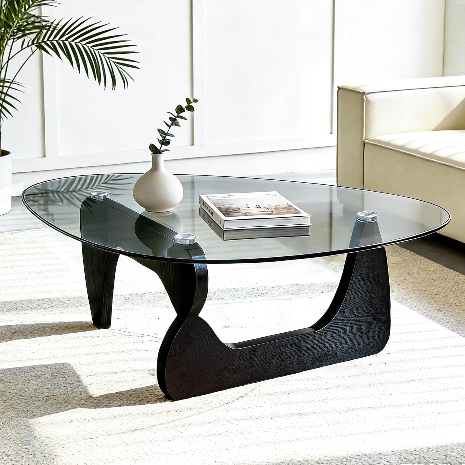 Glass Coffee Table, Coffee Table for Living Room Mid Century Modern Center Table with Tempered Glass-top with Sturdy Wooden Base, for Small Space, Apartment, Easy to Install