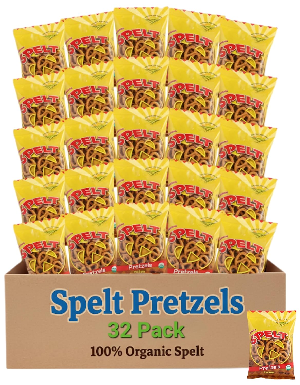 Organic Spelt Pretzels, 32 Count, Salted, Individual Bags, 1 oz Each, On the Go Healthy Lunchbox Snack Pack, 110 Calories per Serving, 100% Organic