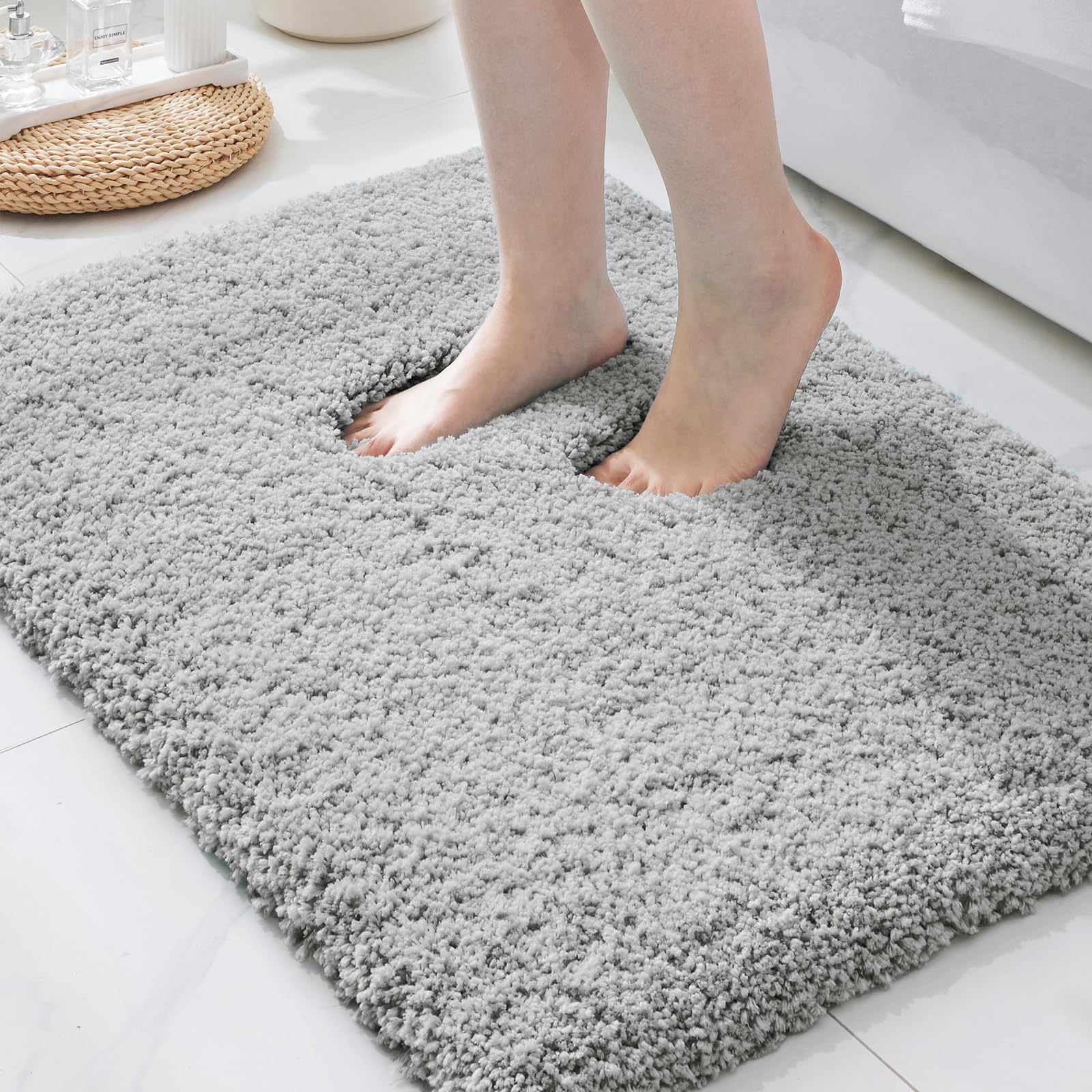 ILANGO Grey Bathroom Rugs 32" × 20" Non Slip & Super Absorbent Extra Thick Soft, Washable Bath Mat for Floor, Microfiber Plush Shaggy Bath Rug with