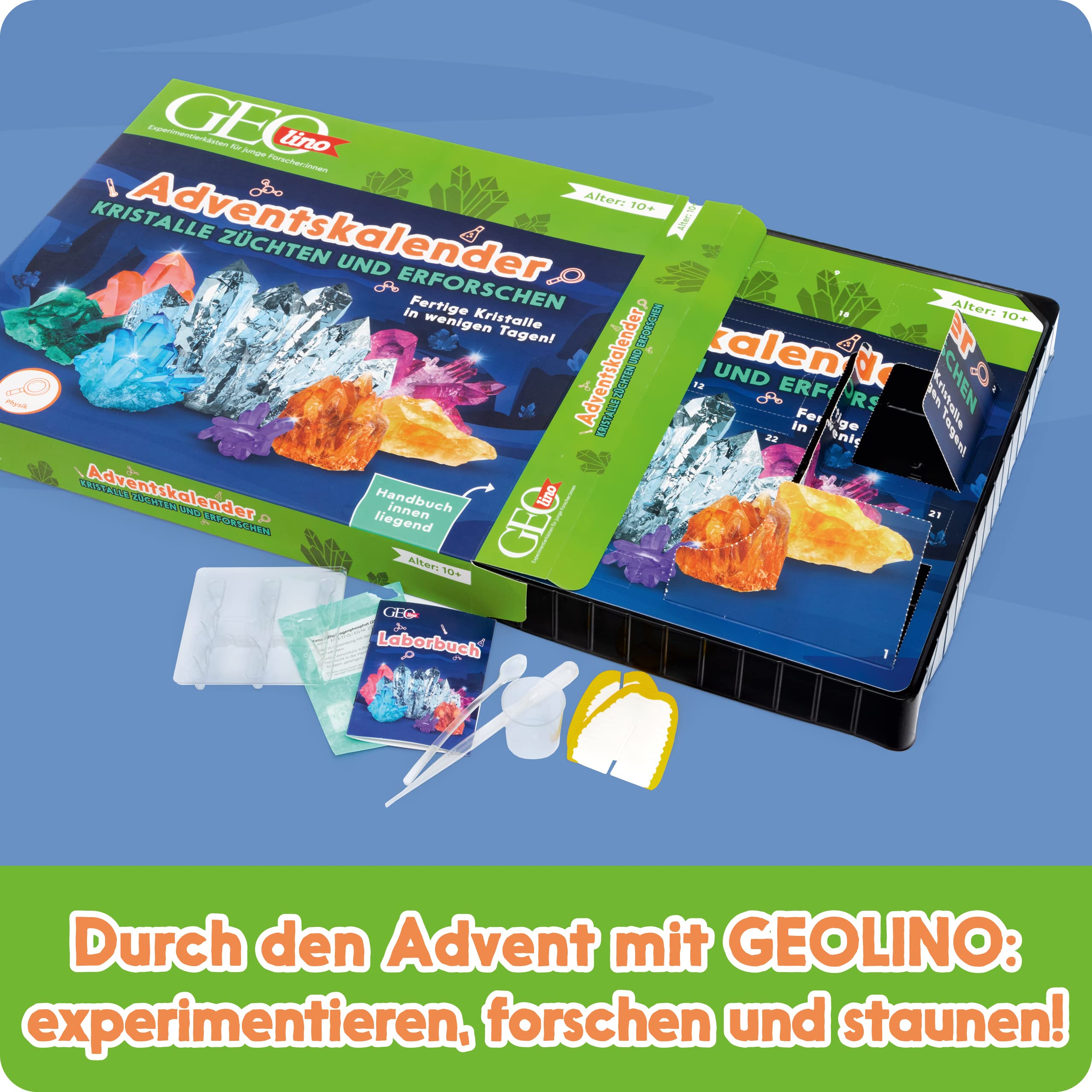 FRANZIS 67186 - GEOlino Adventskalender Kristalle züchten und erforschen, fertige Kristalle in 24 Tagen, zum Experimentieren, Erforschen und Entdecken, für Kinder ab 10 Jahren
