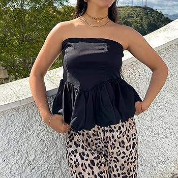 ラポミ・プチ　ASYMMETRY STRAPLESS FRILL TOPS Women's Y2K Tube Top Ruffle Asymmetrical Hem Strapless Tube