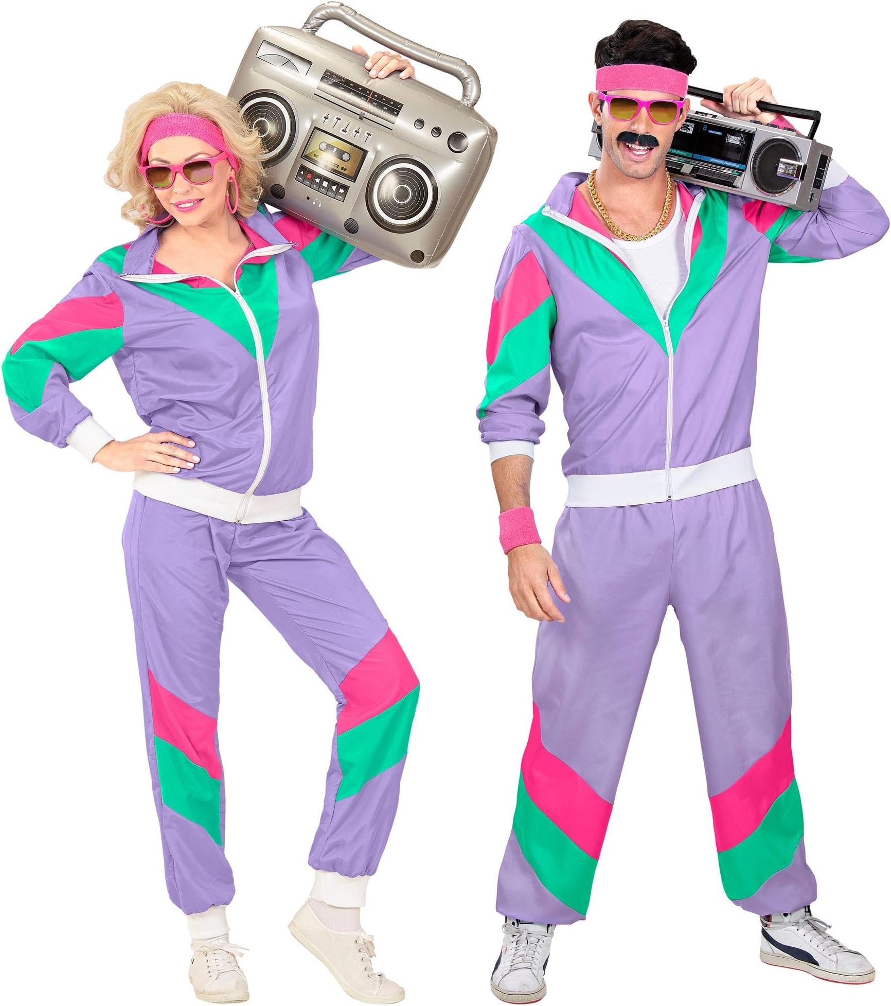 WIDMANN Unisex Men’s/Women’s 80s Track Suit. Purple, Pink and Green. Retro Party, Halloween and Carnival