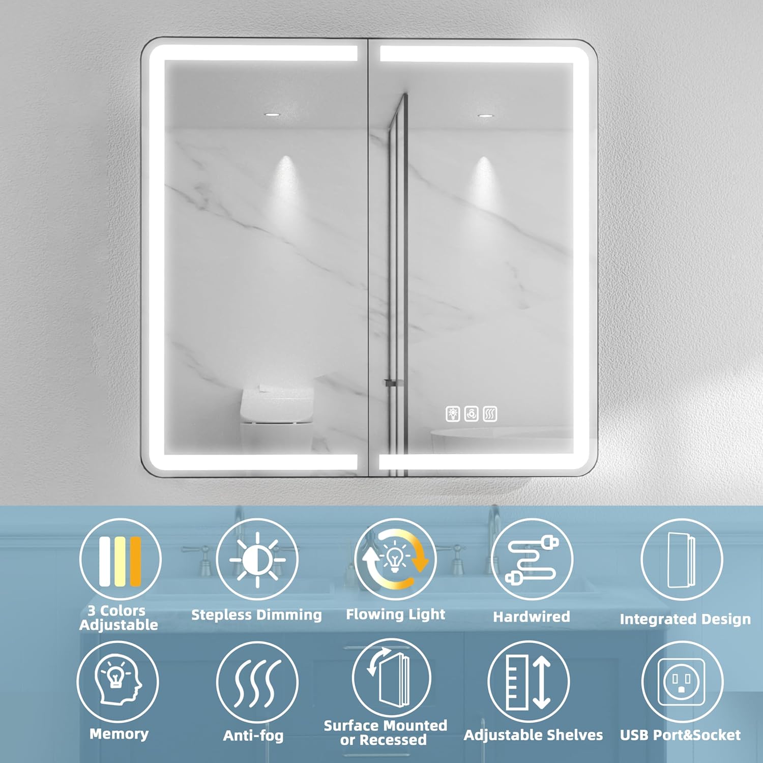 Lighted Medicine Cabinet with Mirror,32×30 Inch Medicine Cabinets with 2 Doors, Memory Function, 3 Color Temperatures, Anti-Fog,Electrical Outlet & USB, Stepless Dimmer, Storage Shelf