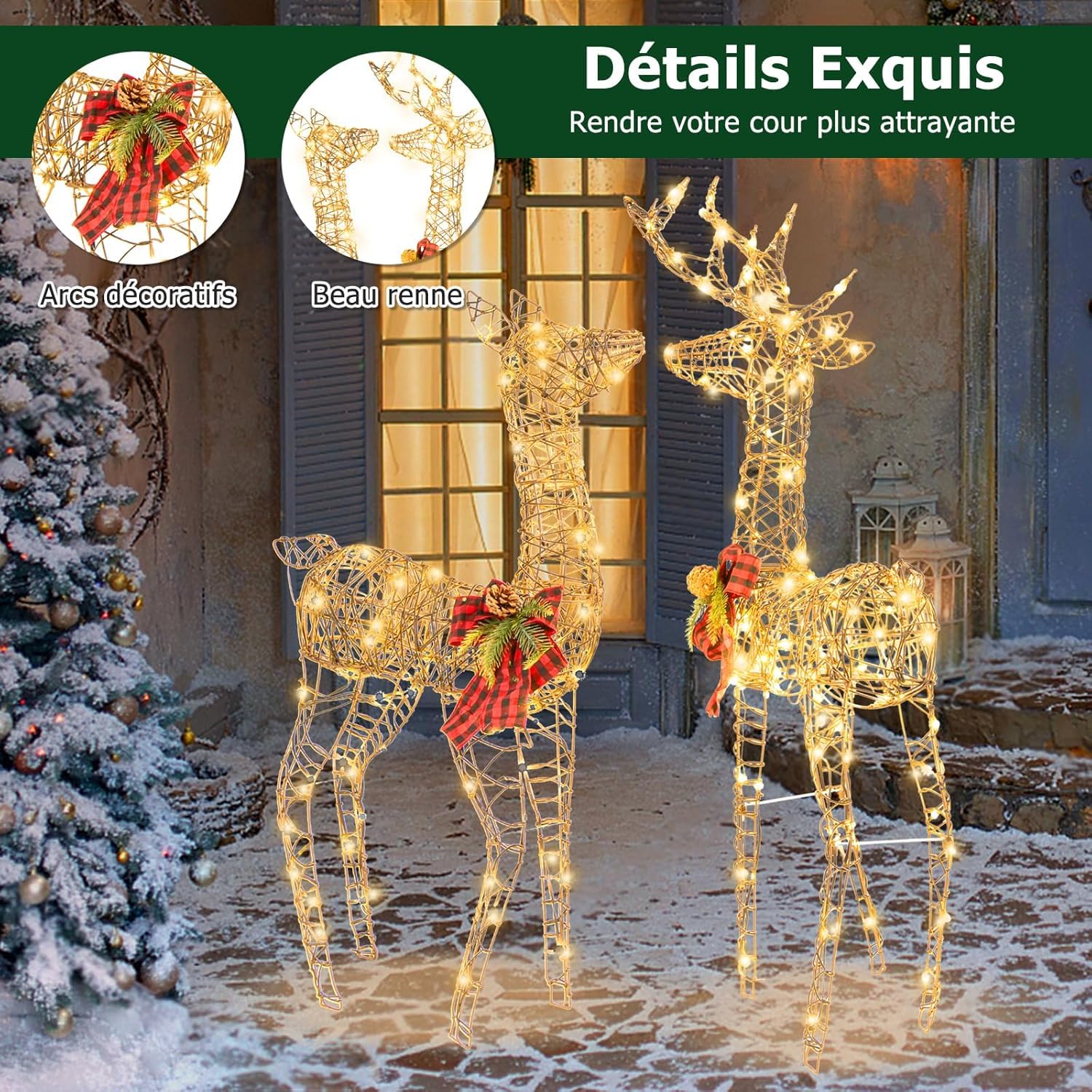 GOPLUS 2 Renos de Navidad Exterior, Juego de 2 Ciervos Iluminados, Decoración Navidad Blanco Cálido con 200 Luces LED,Función de Temporizador, Luz Intermitente, Reno Grande de 110 cm para Jardín Patio