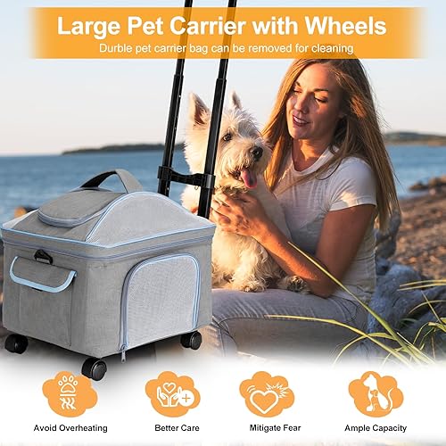 Vista 12 de Transportador de mascotas para perros pequeños, gatos y gatos con ruedas de lados suaves, bolsa de viaje para gatos de hasta 15 libras, cochecitos