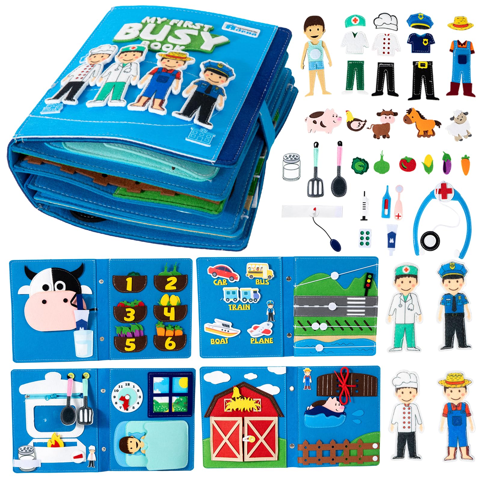 Adena Montessori Busy Book ab 3 Jahre Beruf Stoffbuch Filz 10 Seiten Quiet Book Activity Board Lernspielzeug Geschenk ab 4 5 6 Jahre Mädchen Junge