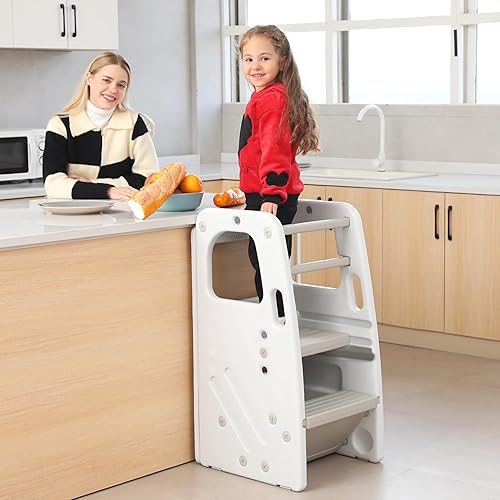 Miniatura 4 de SDADI Taburete de cocina para niños pequeños, taburete de plástico para niños con 3 alturas ajustables, doble riel de seguridad y almohadillas