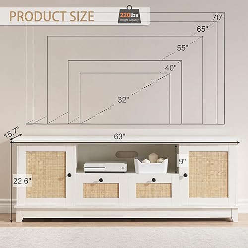 Miniatura 6 de IDEALHOUSE Soporte de TV para TV de más de 65 pulgadas, centro de entretenimiento de ratán, mesa consola multimedia, soporte de TV moderno con
