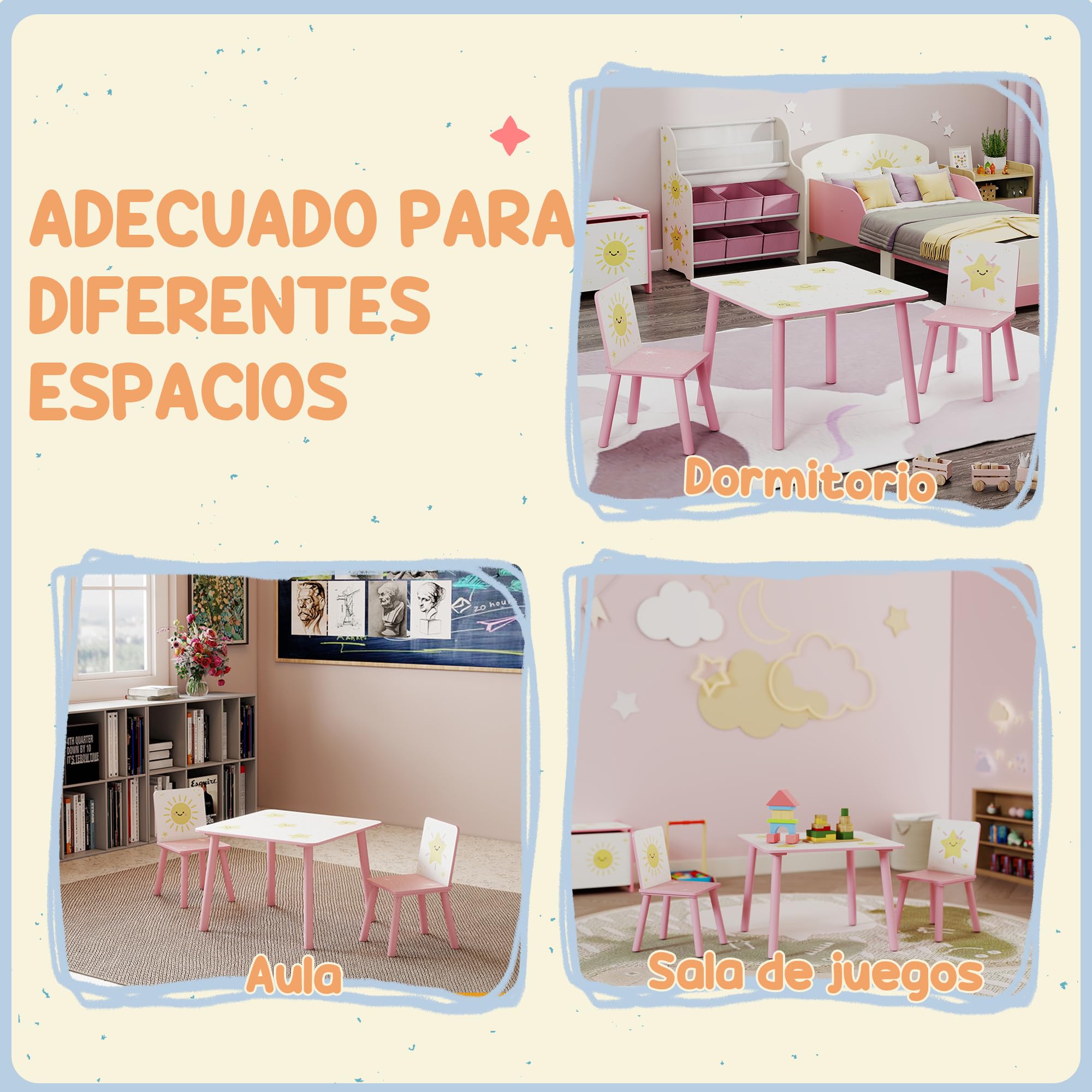AIYAPLAY Mesa y Sillas Infantiles de 3 Piezas, Mesa Infantil con 2 Sillas de Madera de Pino, Juego de Muebles con Dibujos de Estrella para niños de +3 Años, para Dormitorio, Sala de Juegos, Rosa