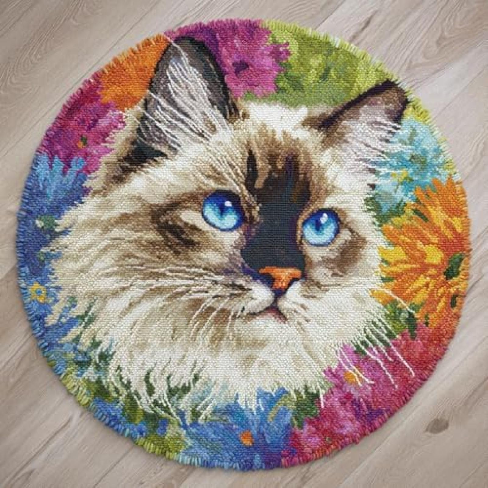 XDEGHUANGSS Latch Hook Rug Kit Siberian Cat Portrait in Flowers Round Rug 52x52cm