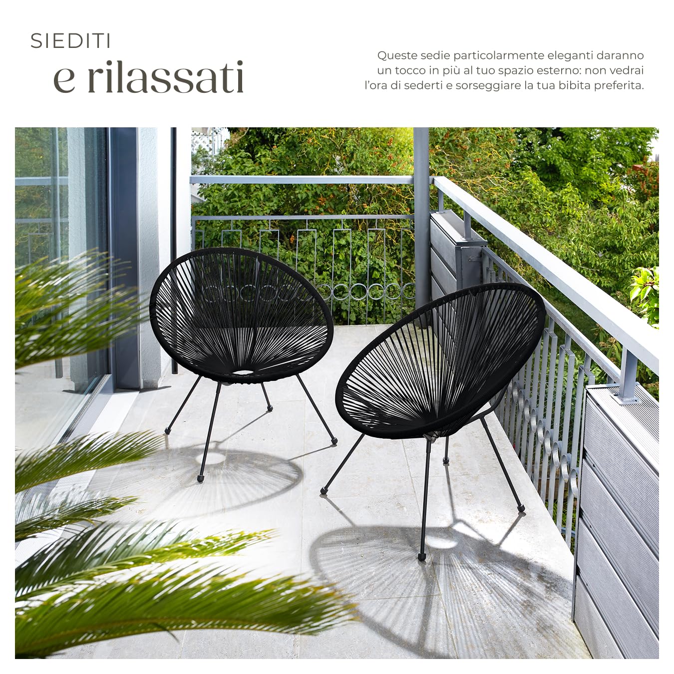 tectake® Set 2 Sedie Santana, Confortevole Set Sedie in Stile Retrò, Robusto Telaio in Acciaio, Corde Elastiche in Polietilene, Adatto per Interni ed Esterni - Nero
