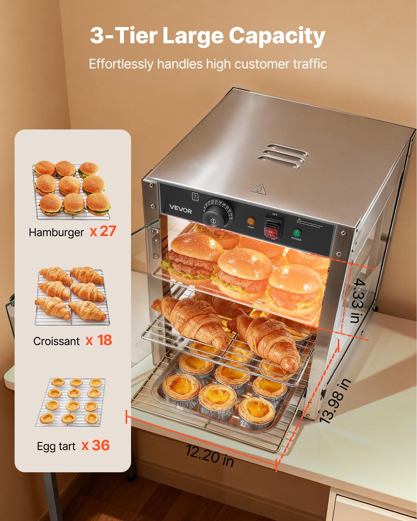 VEVOR Scaldavivande commerciale a 3 livelli, 800 W, con luce LED, ripiano regolabile e telaio in acciaio inossidabile, riscaldamento ad aria da 30 °C a 185 °C, 34 litri per hamburger, pizza, pane