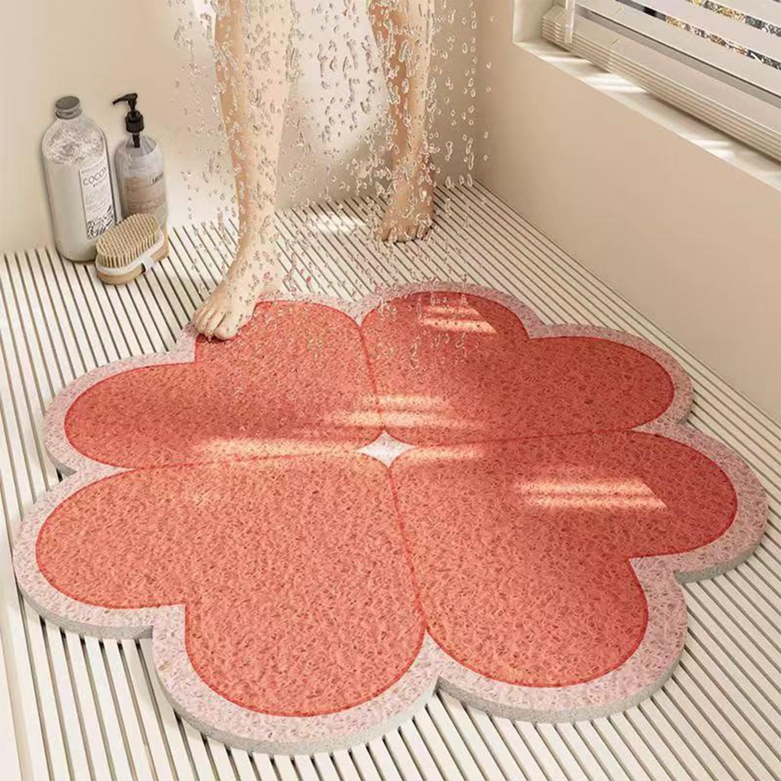Tapis de douche rond à fleurs PVC antidérapant de 90 cm avec trous de drainage
