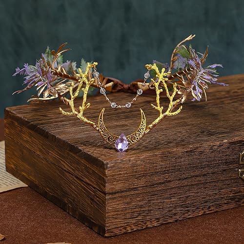Miniatura 5 de MOSTORY Corona de elfo de luna hecha a mano, tocado de flores de hada, tiara floral de hoja de bosque para mujeres y niñas, renacentista, Halloween,