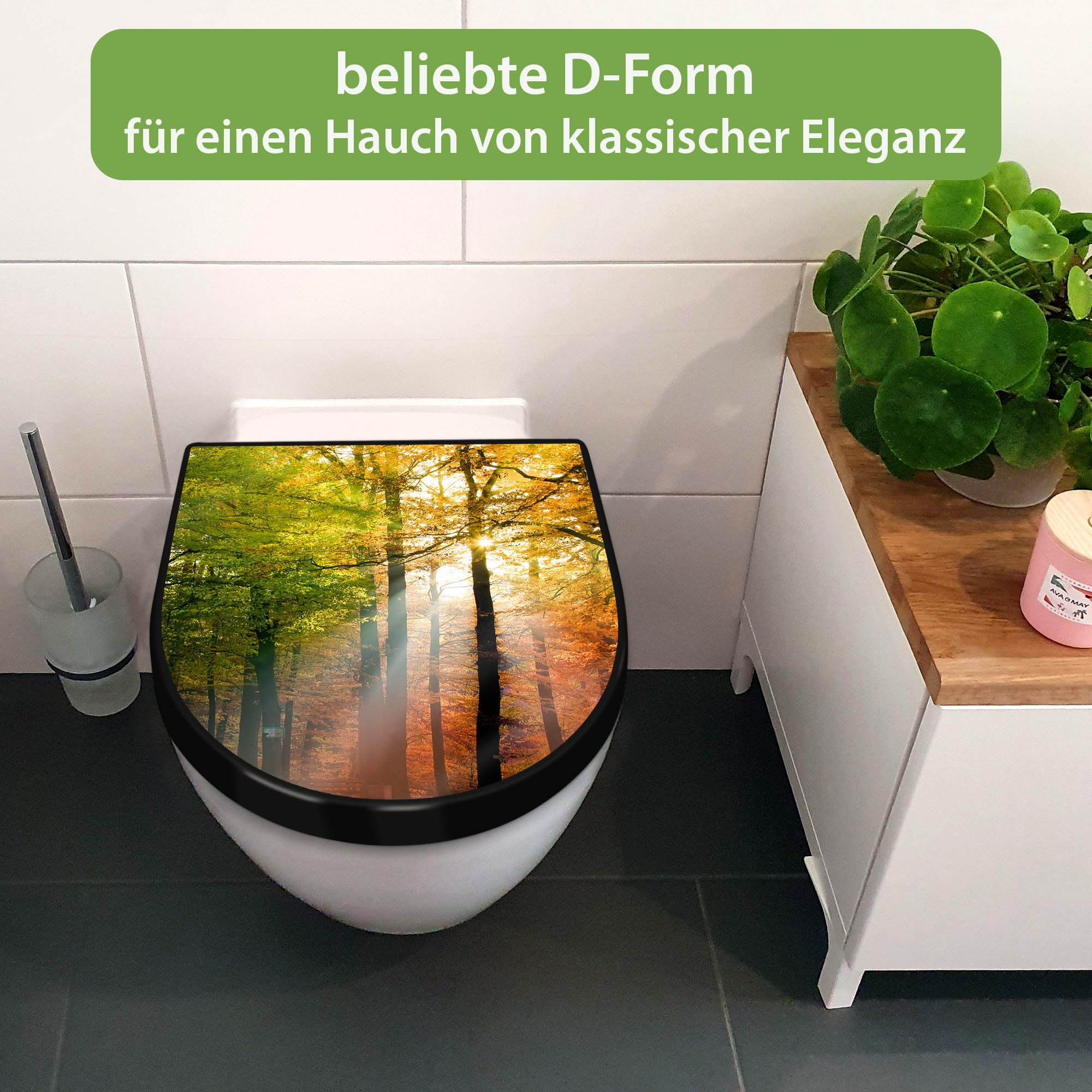 banjado WC Sitz mit Absenkautomatik D Form - Toilettendeckel mit Absenkautomatik D Form - Klodeckel Softclose - stabile Klobrille - Toilettensitz Schwarz - Motiv Herbstwald