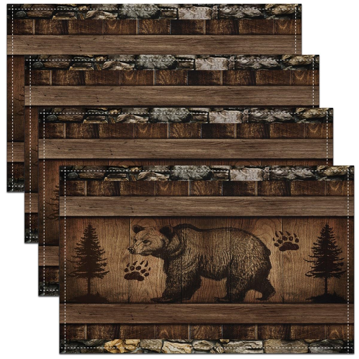 Bär Tischsets Set von 4 für Jungen Mann,Wald Tier Pfote Druck Platzmatten 45Bx30L,Braune Hölzerne Plank Tischmatten,Retro Patchwork wasserdichte Tischsets Anti Rutsch