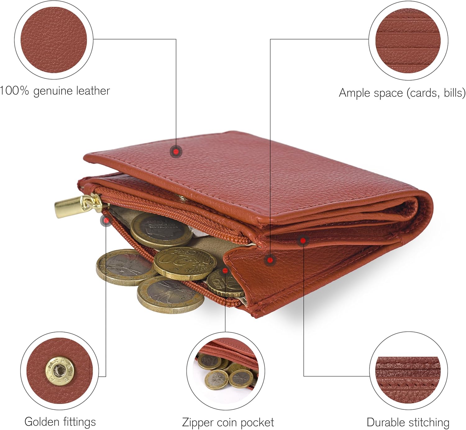 Oak Leathers Wallet For Women Full Grain Leather - Small RFID Coin Purse Credit Card & ID Holder for Ladies,Bifold Wallets for Teenager | Small, RFID, Coin Purse, for Ladies, for Teenager - Image 3