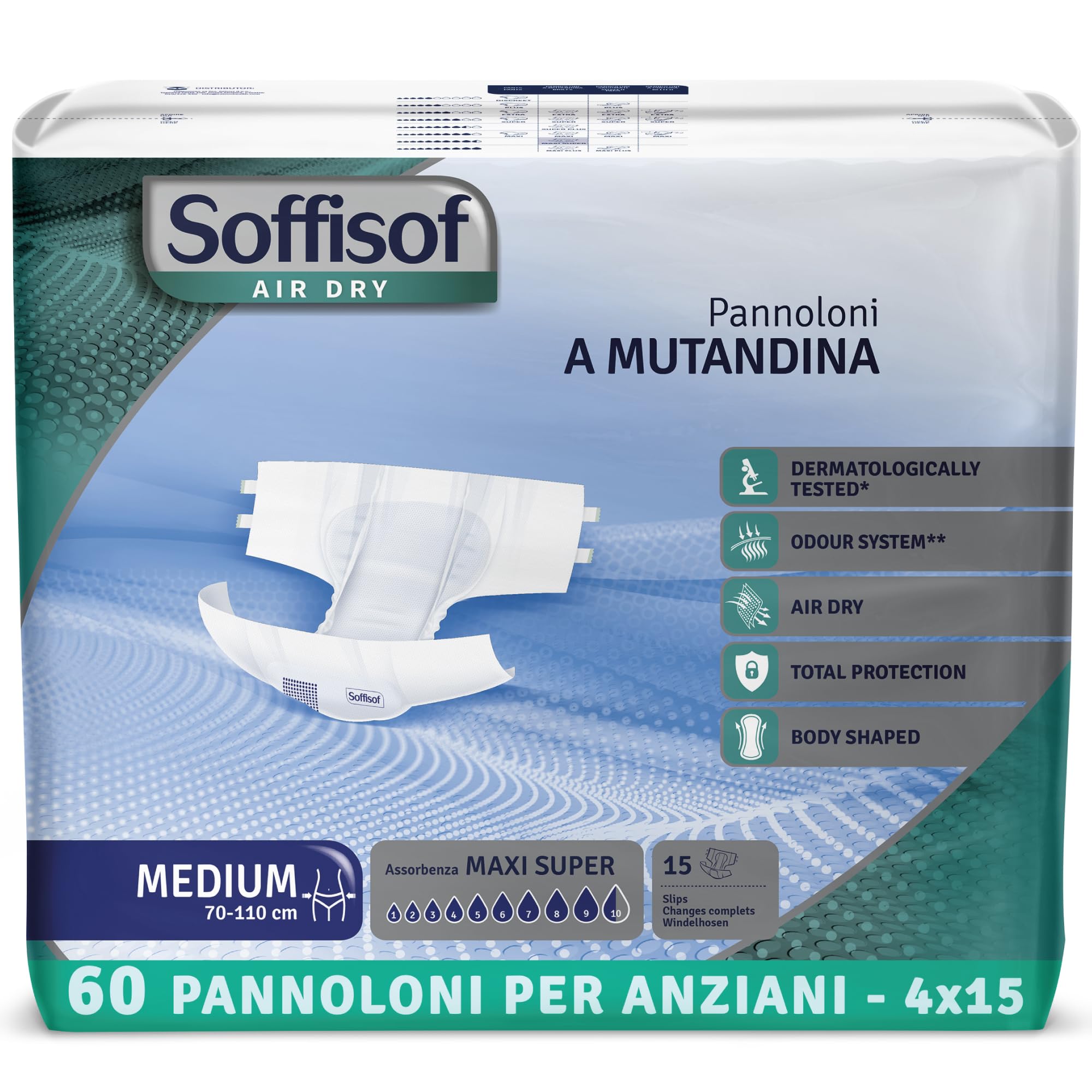 Soffisof Air Dry Windeln für Erwachsene Maxi Super M - 60x Inkontinenz Slip - 4 Packungen mit 15 Windelhosen, 9.5 Tropfen - Windelslip Erwachsene
